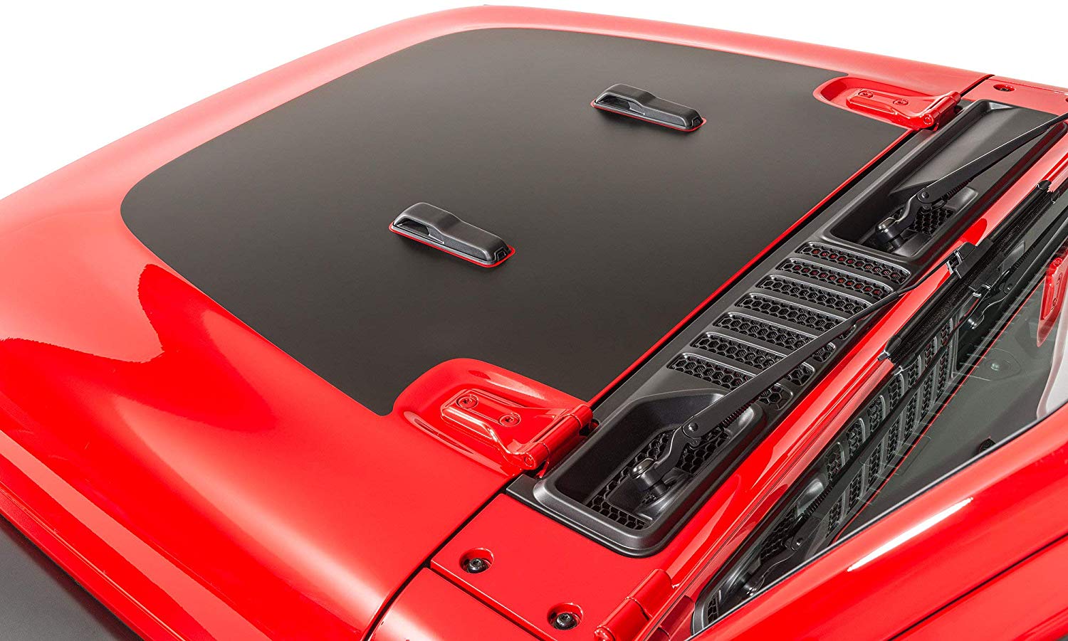 Matte black blackout hood decal close view on red Jeep Wrangler JL showing cowl vent area detail
