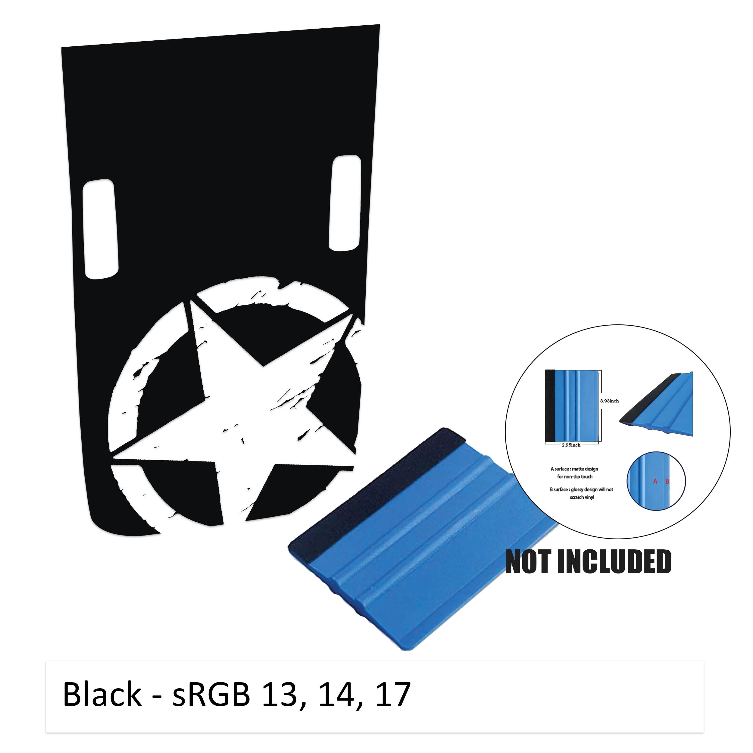 Black corner Rubicon hood decal showing distressed Alpha Romeo military star with cowl washer cutouts