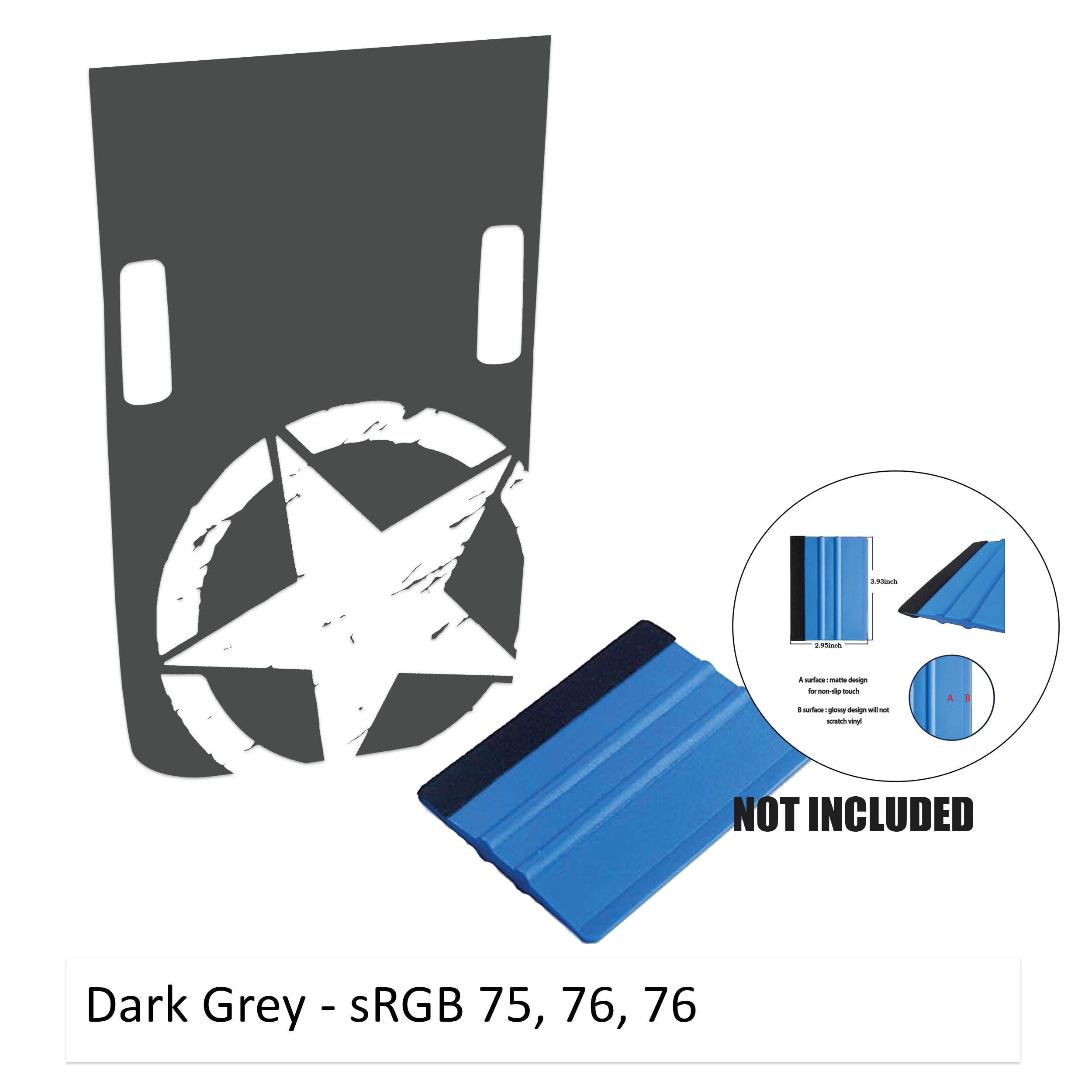 Dark gray corner Rubicon hood decal showing distressed Alpha Romeo military star plus color reference card