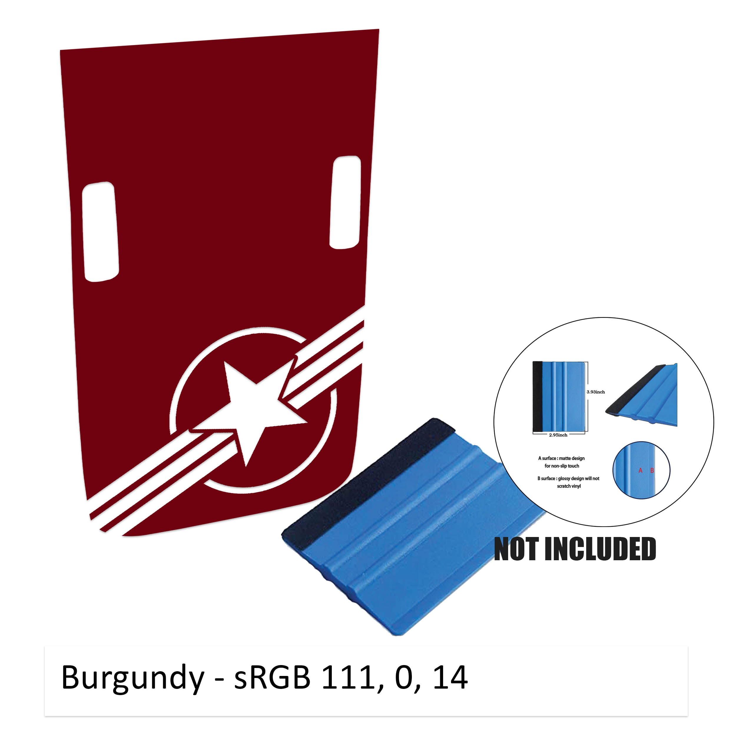 Burgundy corner Rubicon hood decal with US roundel v2 design shown flat with washer cutouts and color card