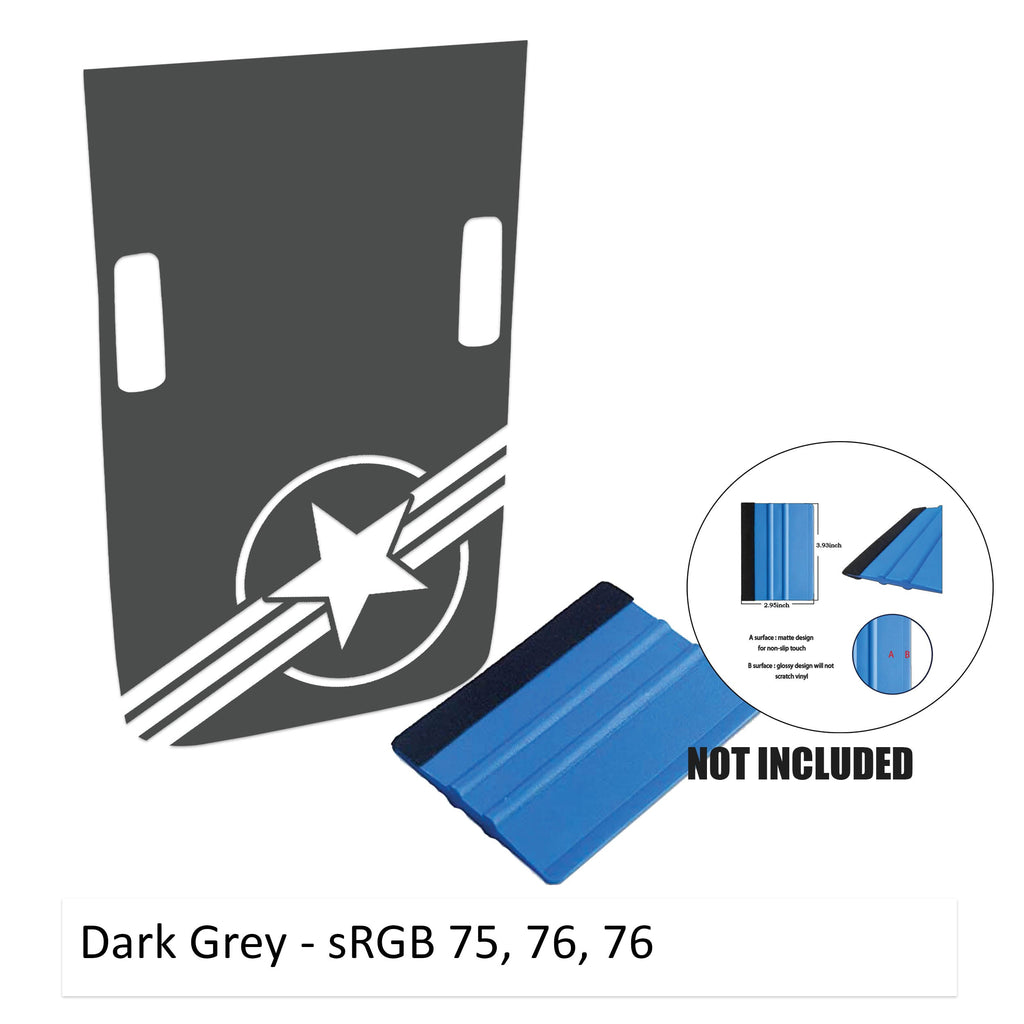 Dark gray corner Rubicon hood decal featuring US roundel v2 design with washer cutouts and color sample card