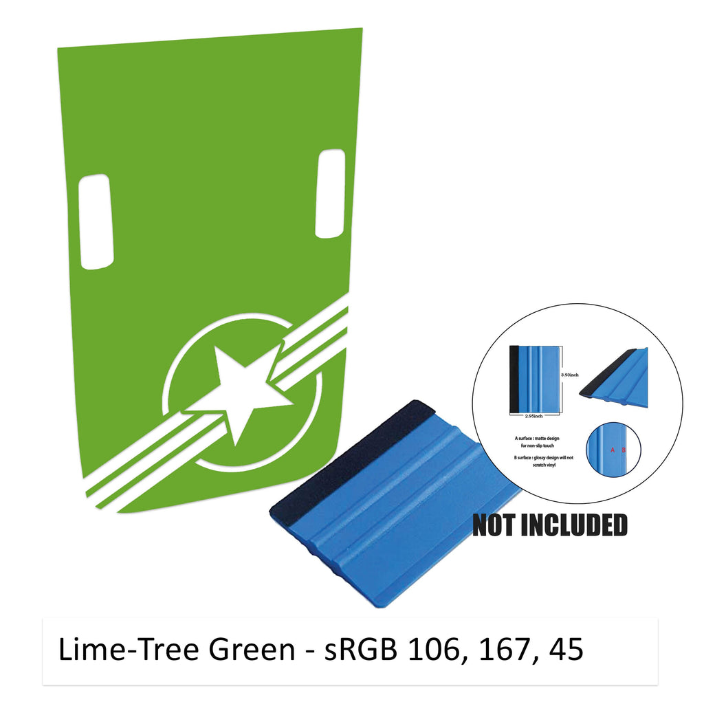 Lime green corner Rubicon hood decal featuring US roundel v2 design with washer cutouts and color sample