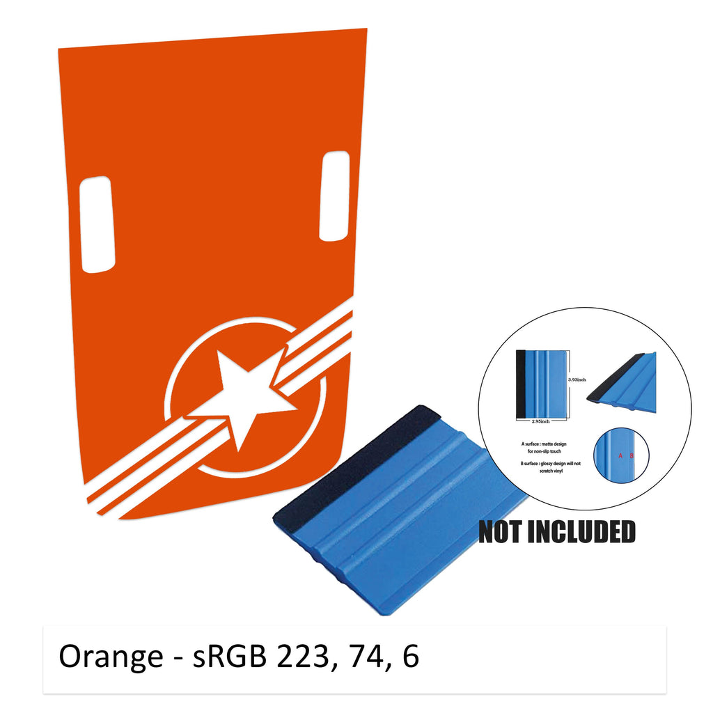 Orange corner Rubicon hood decal with US roundel v2 emblem shown flat with washer cutouts and color card