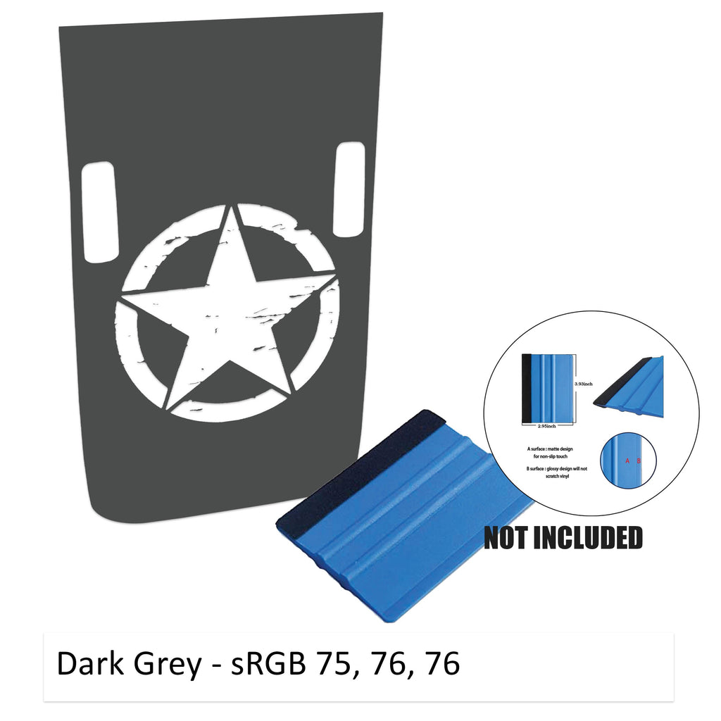 Dark gray Rubicon hood decal featuring distressed Alpha Romeo military star with washer cutouts and color card