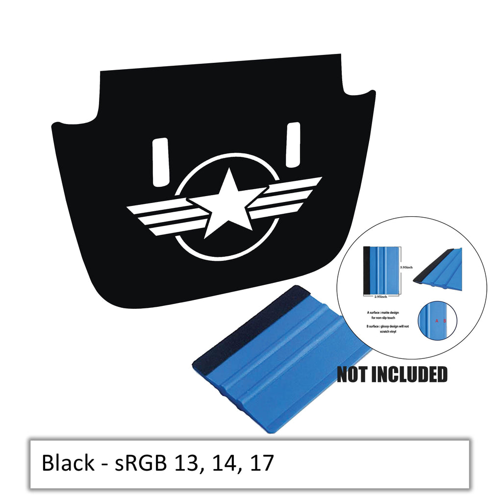 Black hood decal with US military roundel emblem laid flat with cowl washer cutouts and color sample card
