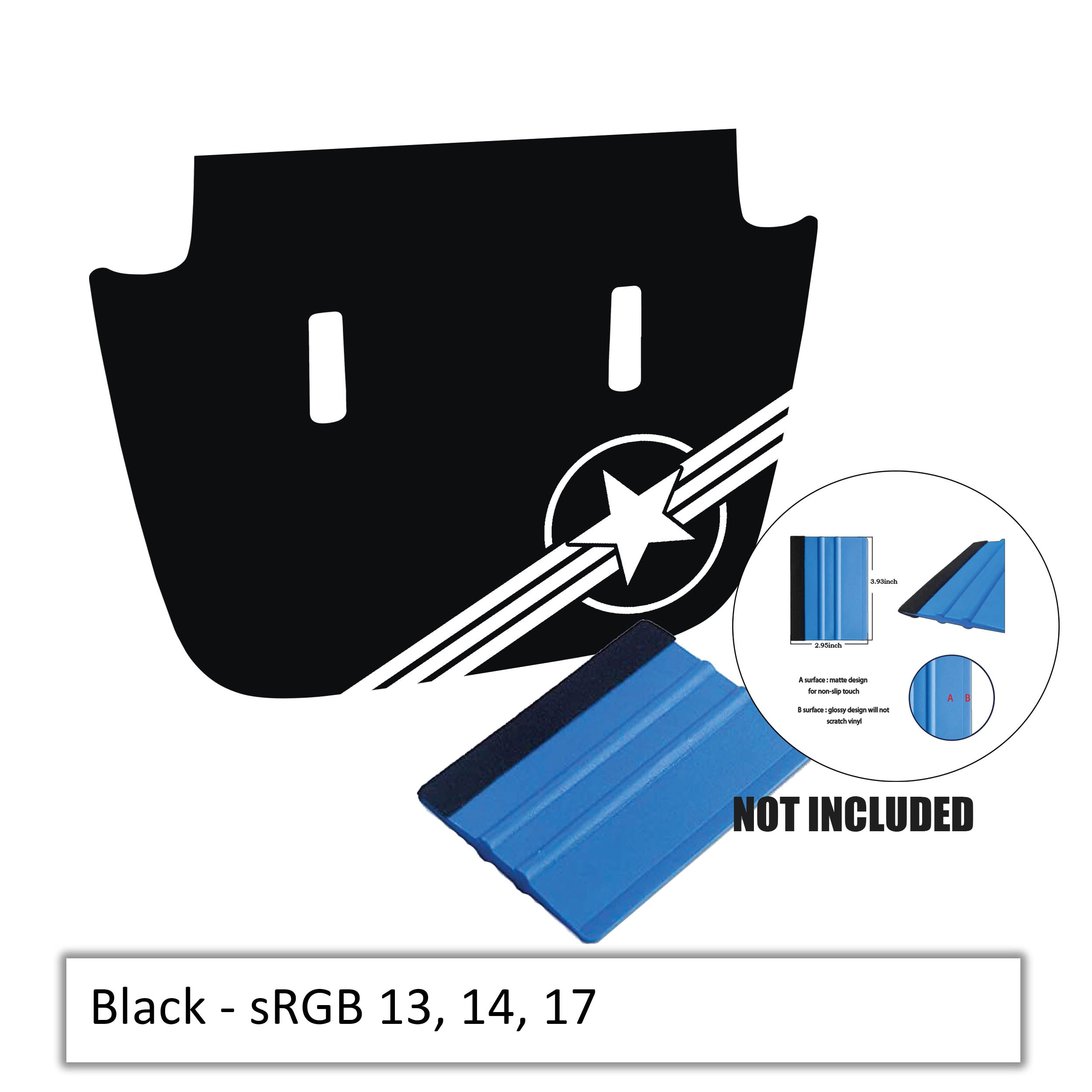 Black hood decal flat product shot featuring distressed US military roundel v2 design and color reference card