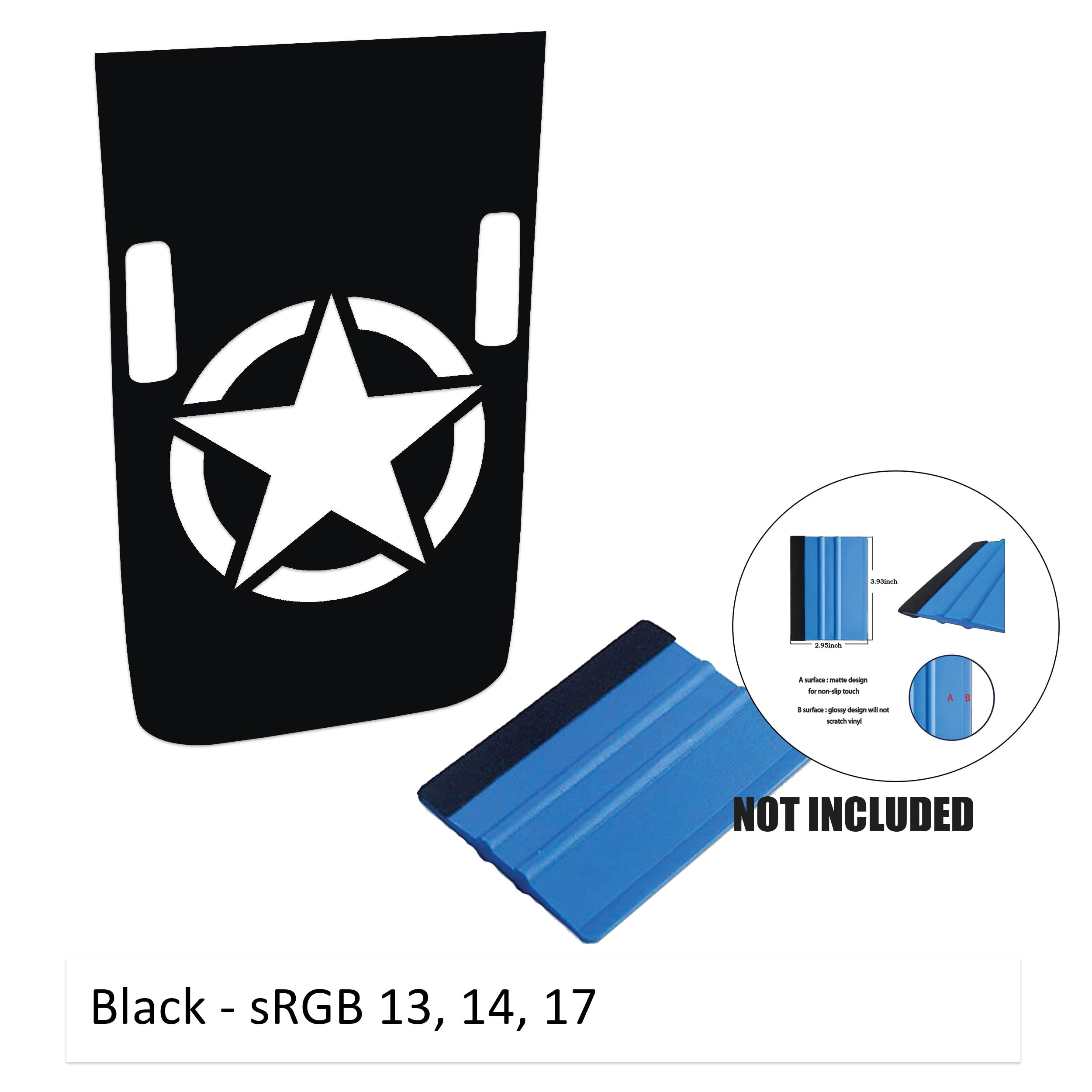 Black Rubicon hood decal featuring Alpha Romeo military star with cowl washer cutouts and color sample card