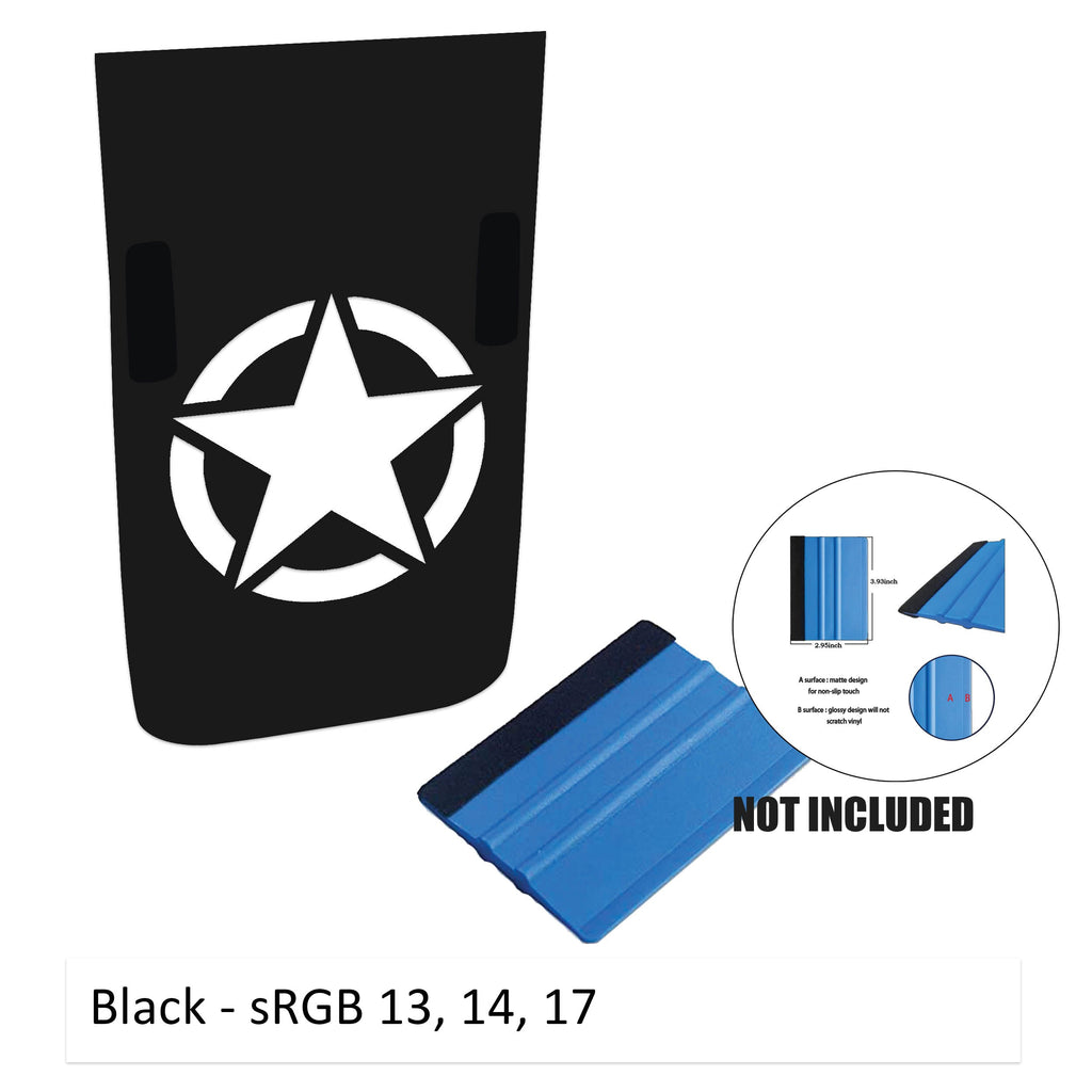 Black Rubicon hood decal featuring Alpha Romeo military star emblem shown flat without cowl washer cutouts