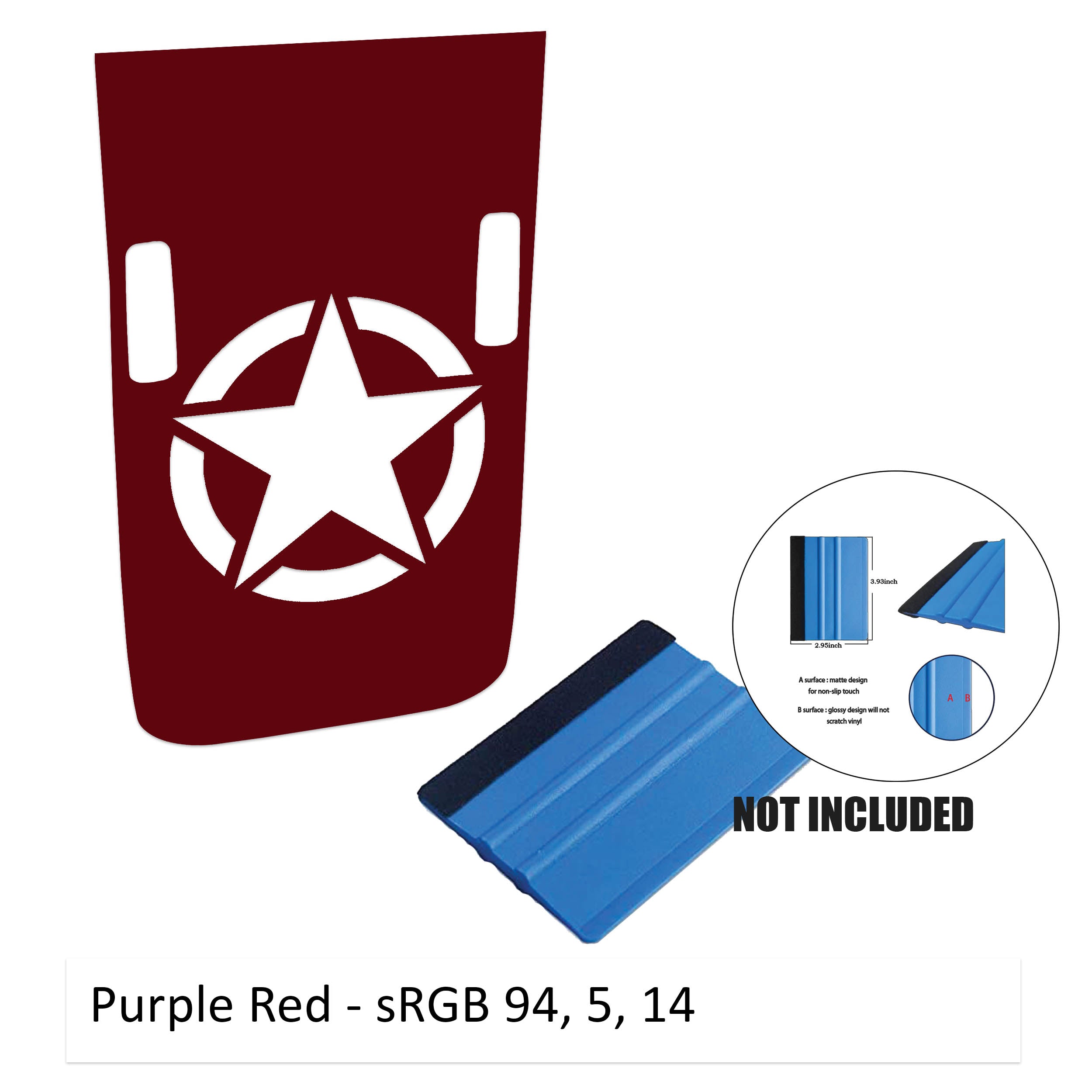 Purple red Rubicon hood decal featuring Alpha Romeo military star with washer cutouts and color sample card