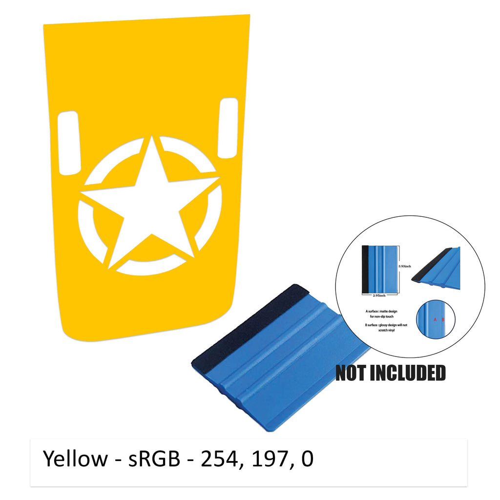 Yellow Rubicon hood decal featuring Alpha Romeo military star with cowl washer cutouts and color sample card