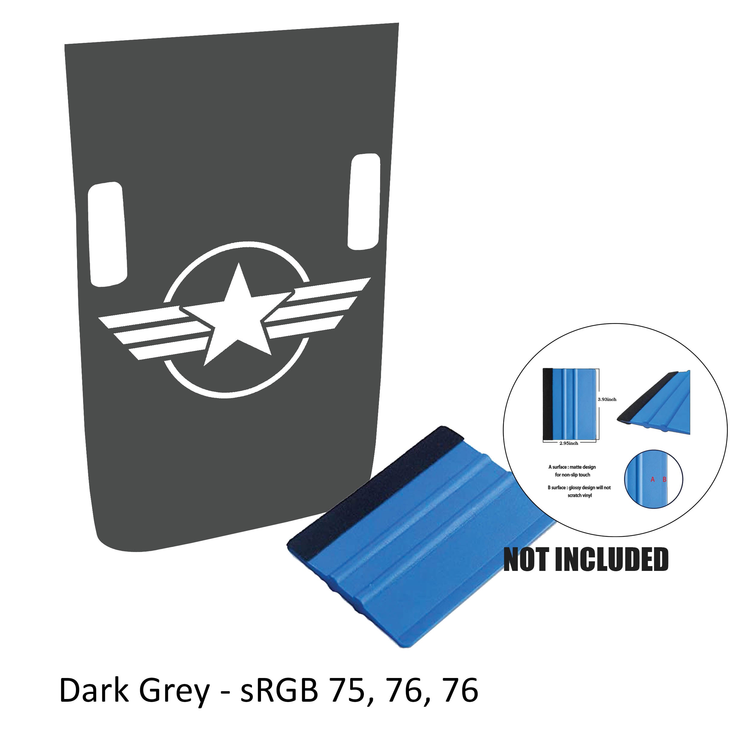 Dark gray Rubicon hood decal with full US military roundel emblem with washer cutouts and color reference card