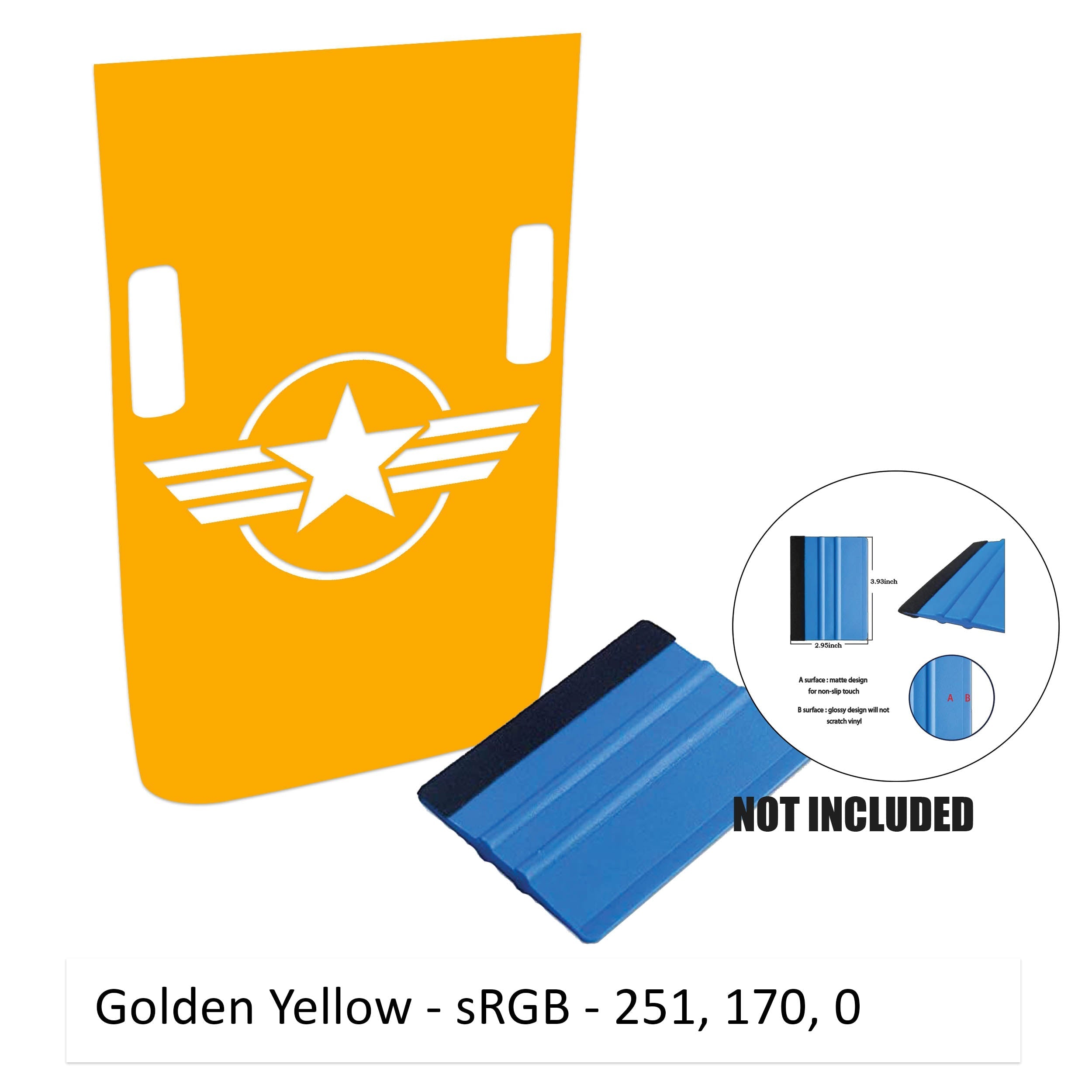 Gold yellow Rubicon hood decal with full US military roundel emblem with washer cutouts and color sample