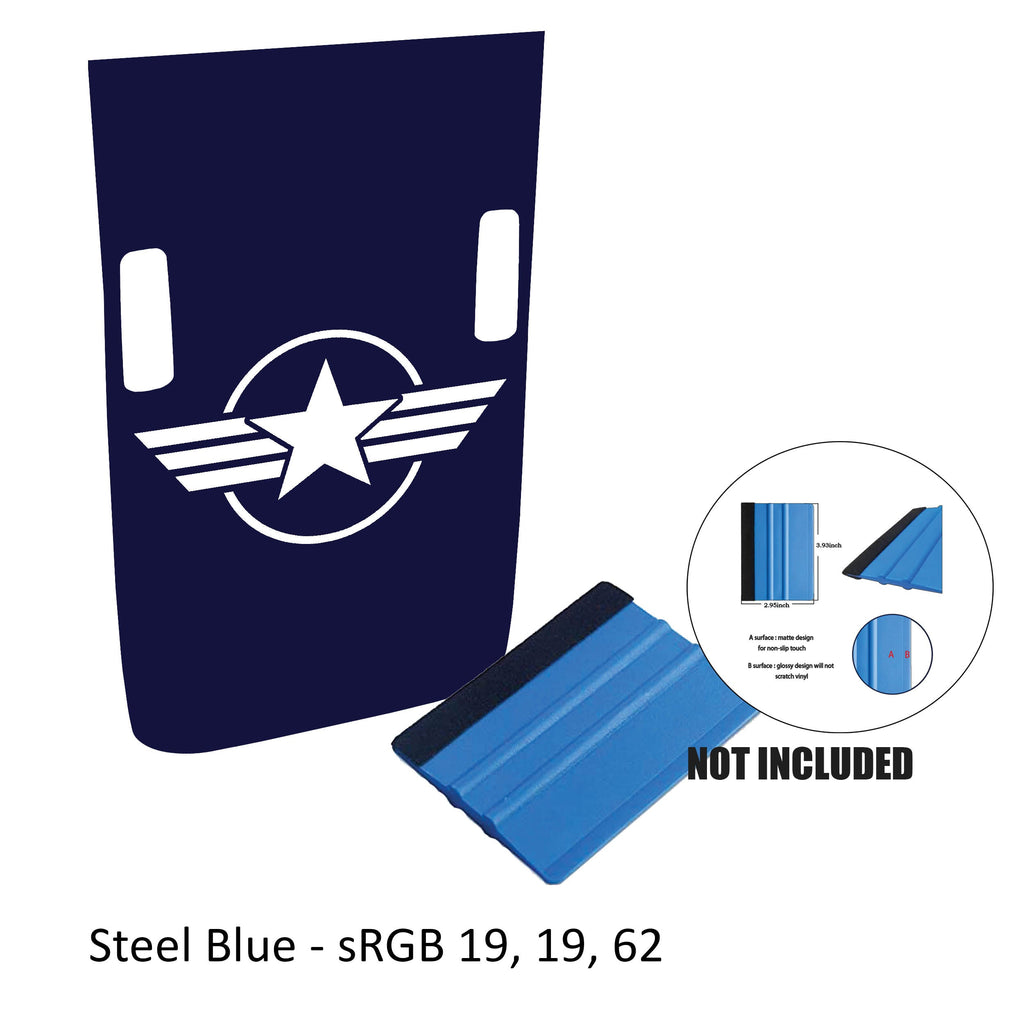Steel blue Rubicon hood decal with full US military roundel emblem with washer cutouts and color reference