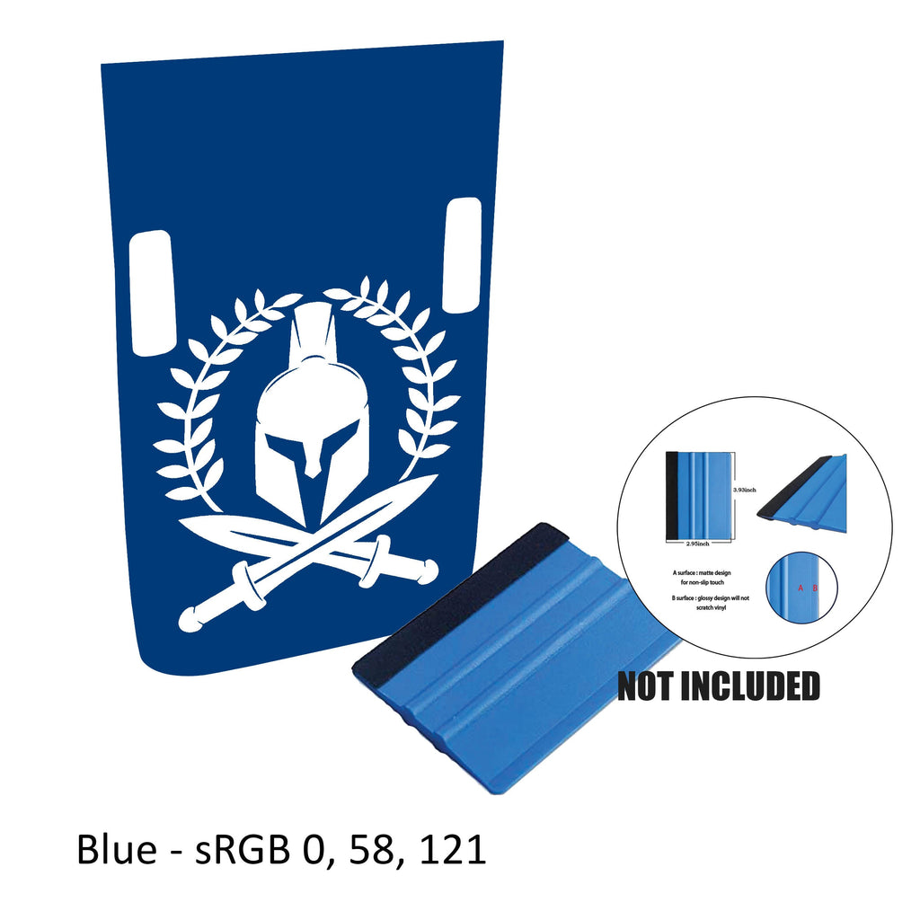 Blue Rubicon hood decal featuring Spartan helmet with laurel wreath and crossed swords plus color reference