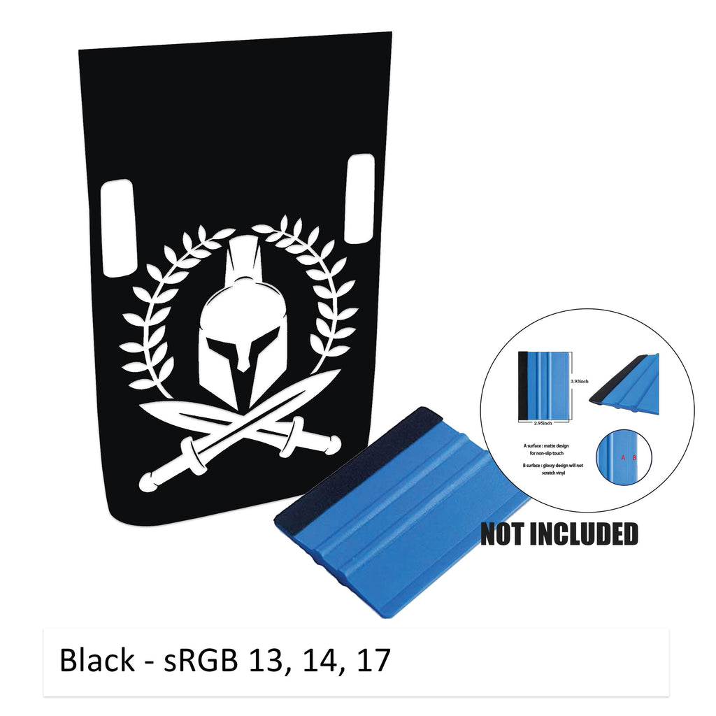 Black Rubicon hood decal featuring Spartan helmet with laurel wreath and crossed swords plus cowl cutouts