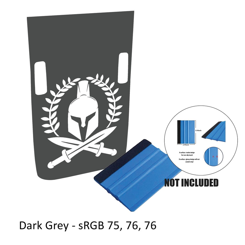 Dark gray Rubicon hood decal featuring Spartan helmet laurel wreath and crossed swords plus color sample card