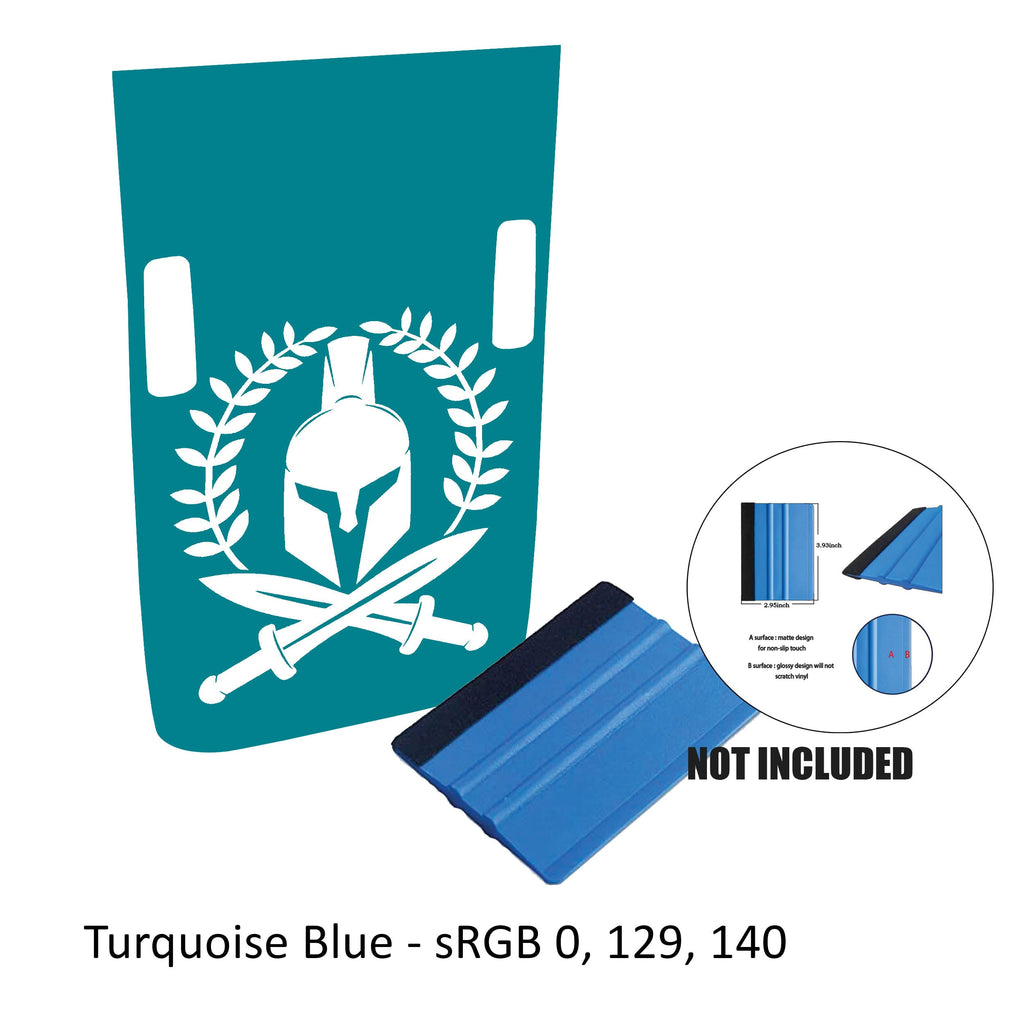 Turquoise blue Rubicon hood decal showing Spartan helmet with laurel wreath and crossed swords plus card