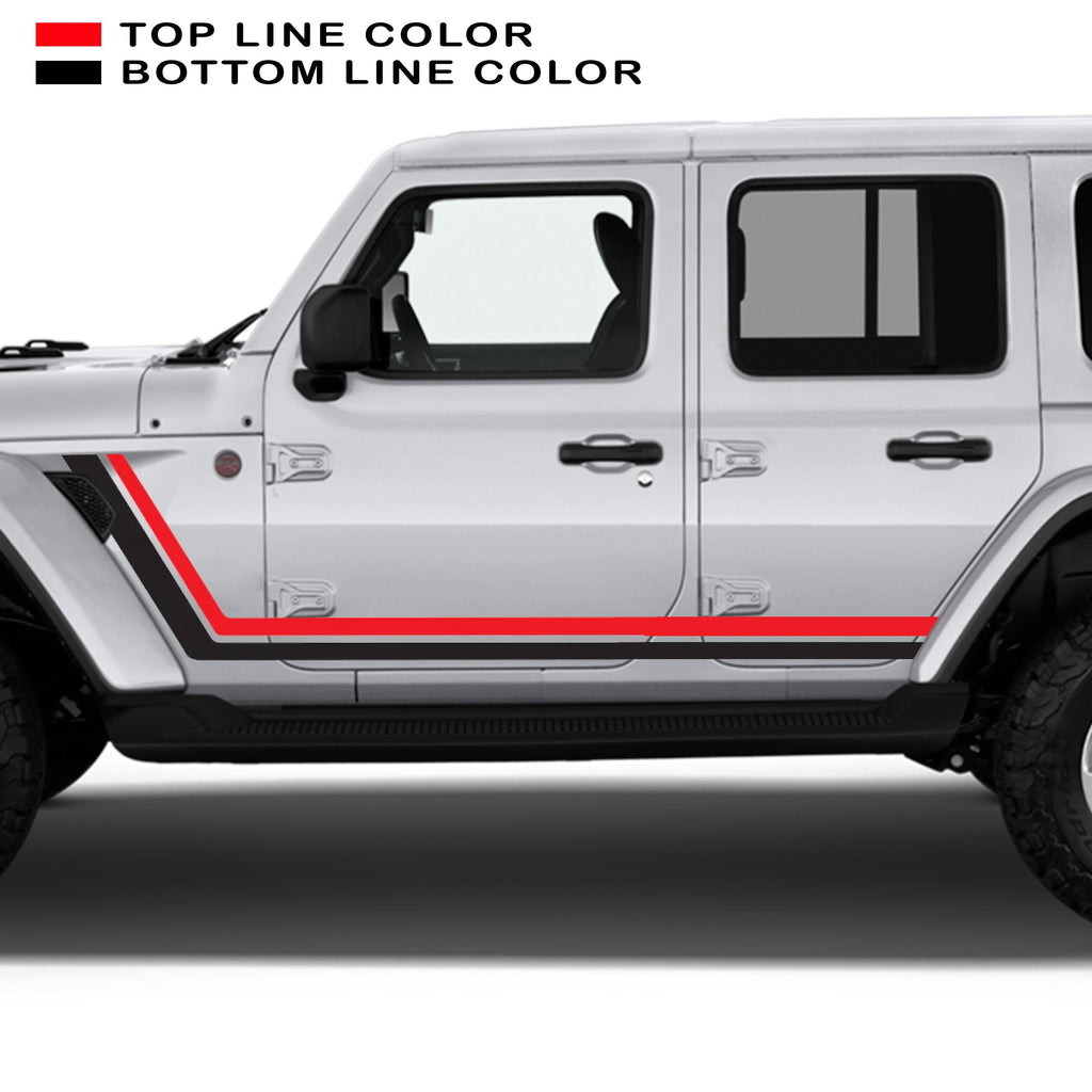 Black and red retro body stripe kit applied to white Jeep Wrangler JLU 4-door 2018+ body graphic