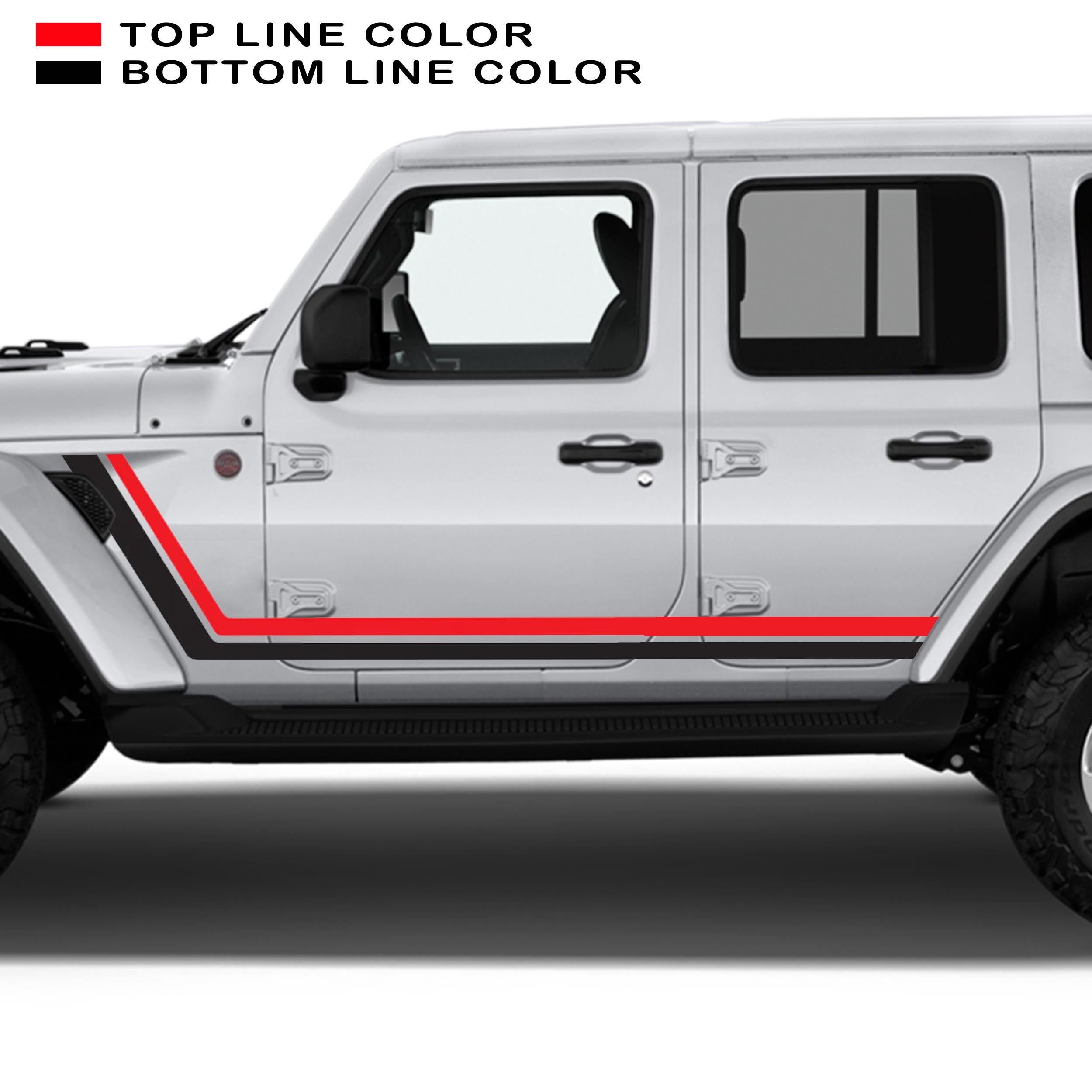 Black and red retro body stripe kit applied to white Jeep Wrangler JLU 4-door 2018+ body graphic