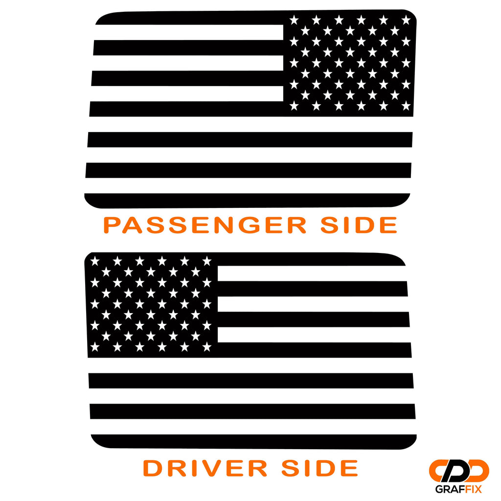 American flag transfer decal applied to JLU hardtop window pair on Jeep Wrangler shown installed at angle