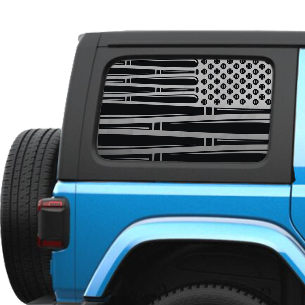 Black baseball-bat-and-ball flag passenger-side and driver-side hardtop decal set for Jeep Wrangler JLU