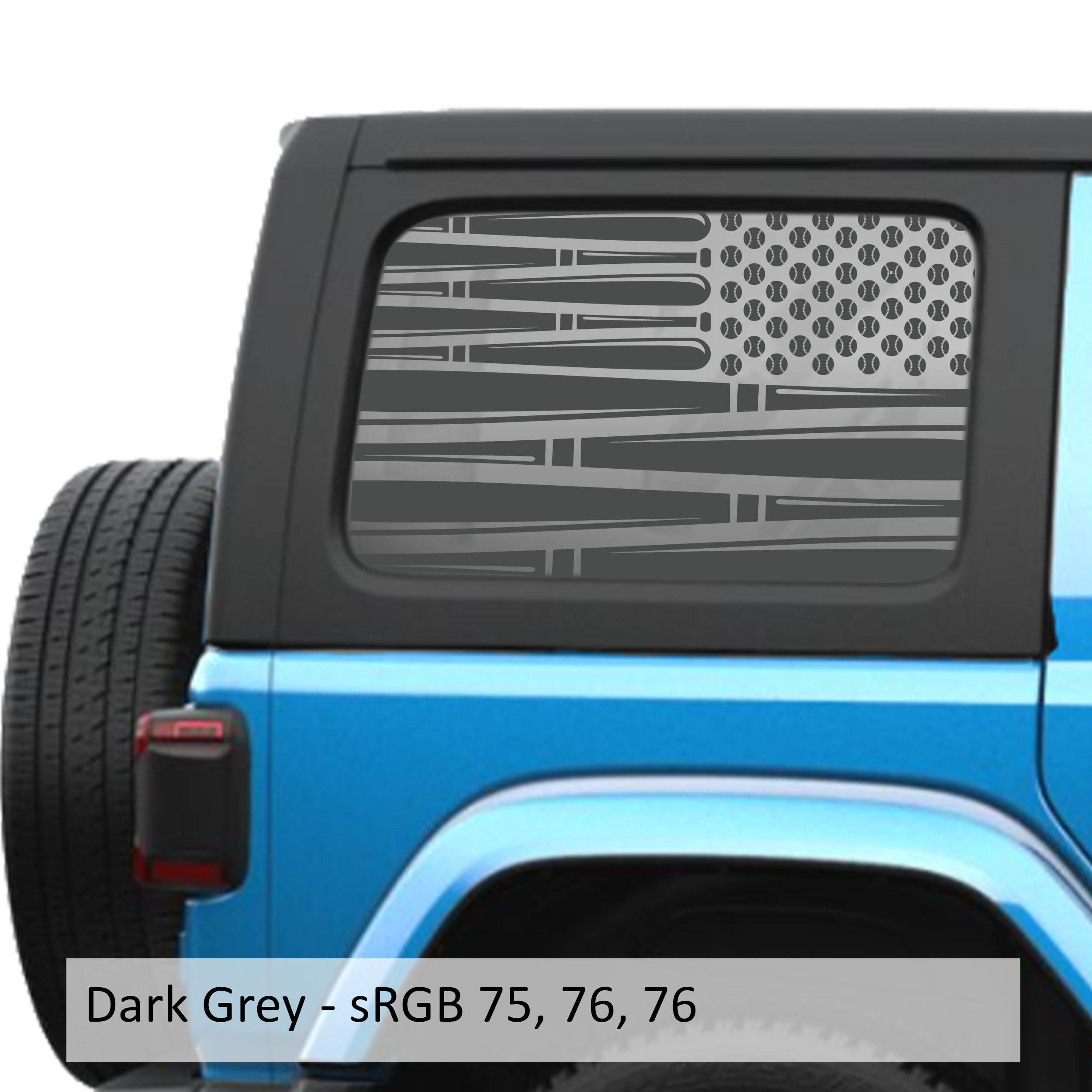 Dark-grey baseball-bat flag JLU hardtop window decal set showing passenger and driver mirror layouts