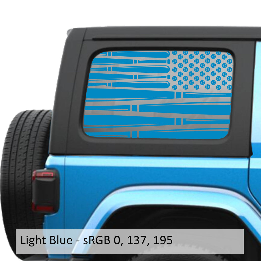 Light-blue baseball-bat American flag hardtop decal pair fits Jeep Wrangler JLU 2018+ side windows