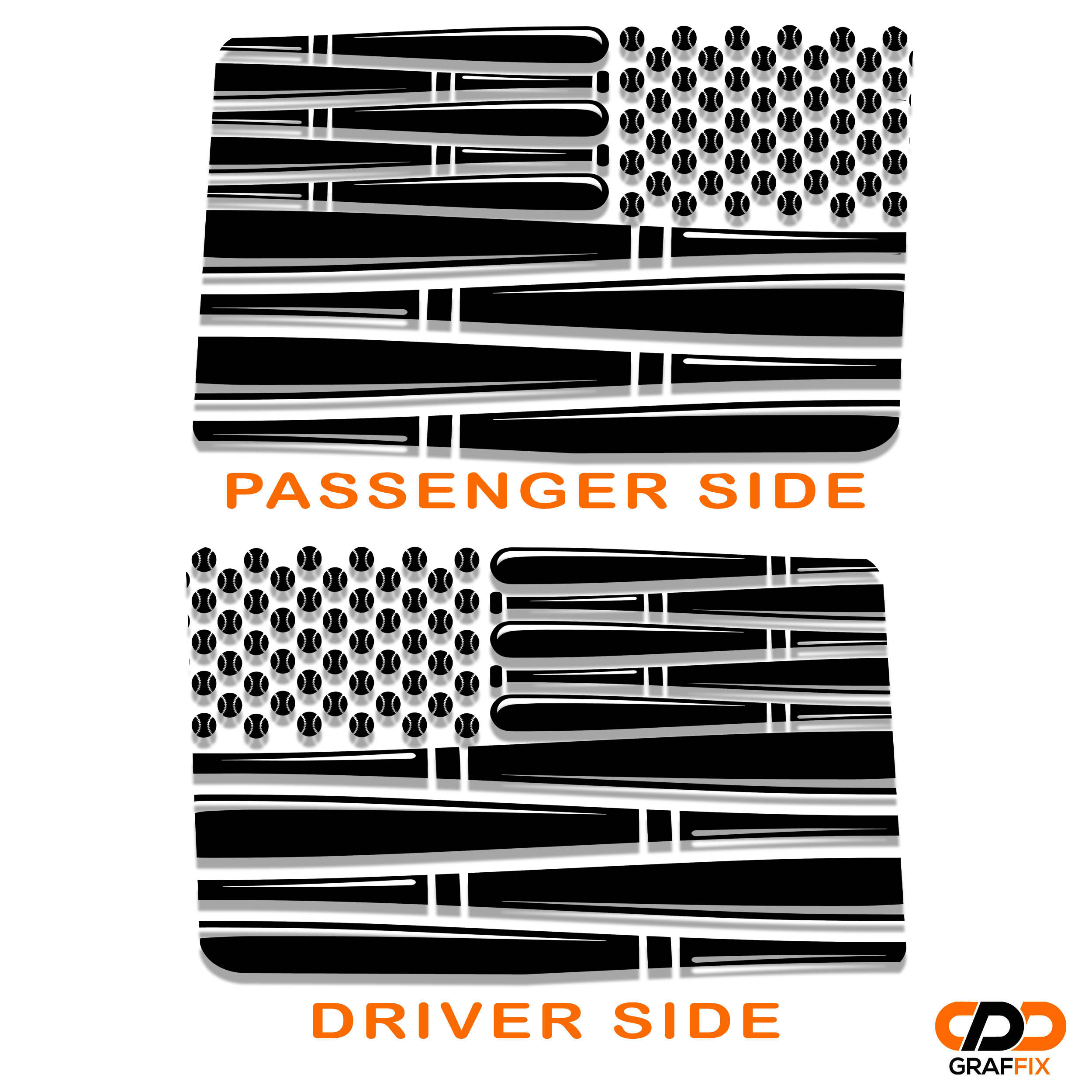 Default black baseball-bat-and-ball American flag JLU hardtop decal set showing passenger and driver layouts