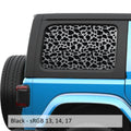 Black cow print pattern decal preview on JLU rear quarter window Jeep Wrangler 2018+