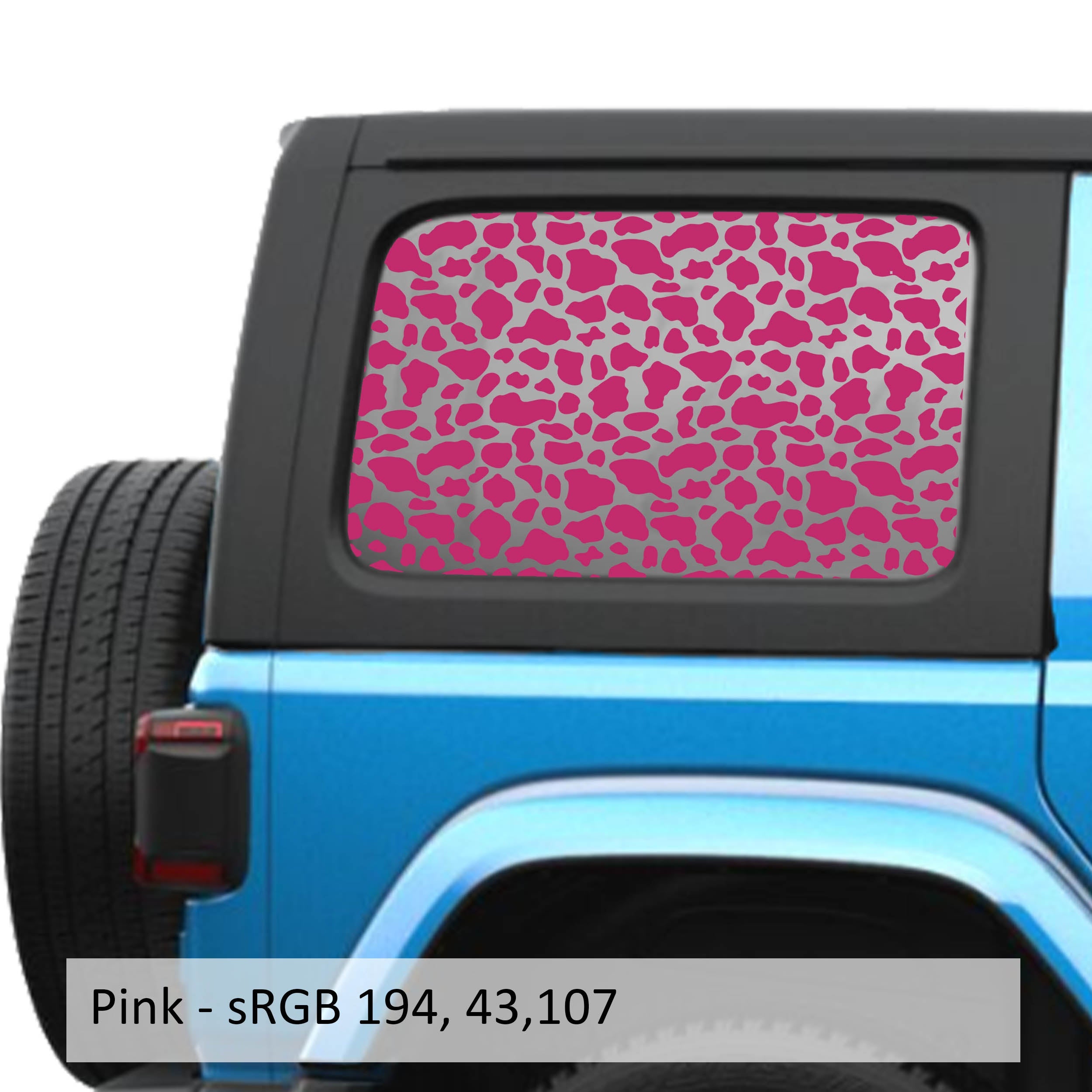 Pink cow print pattern decal preview on JLU rear quarter window Jeep Wrangler 2018+