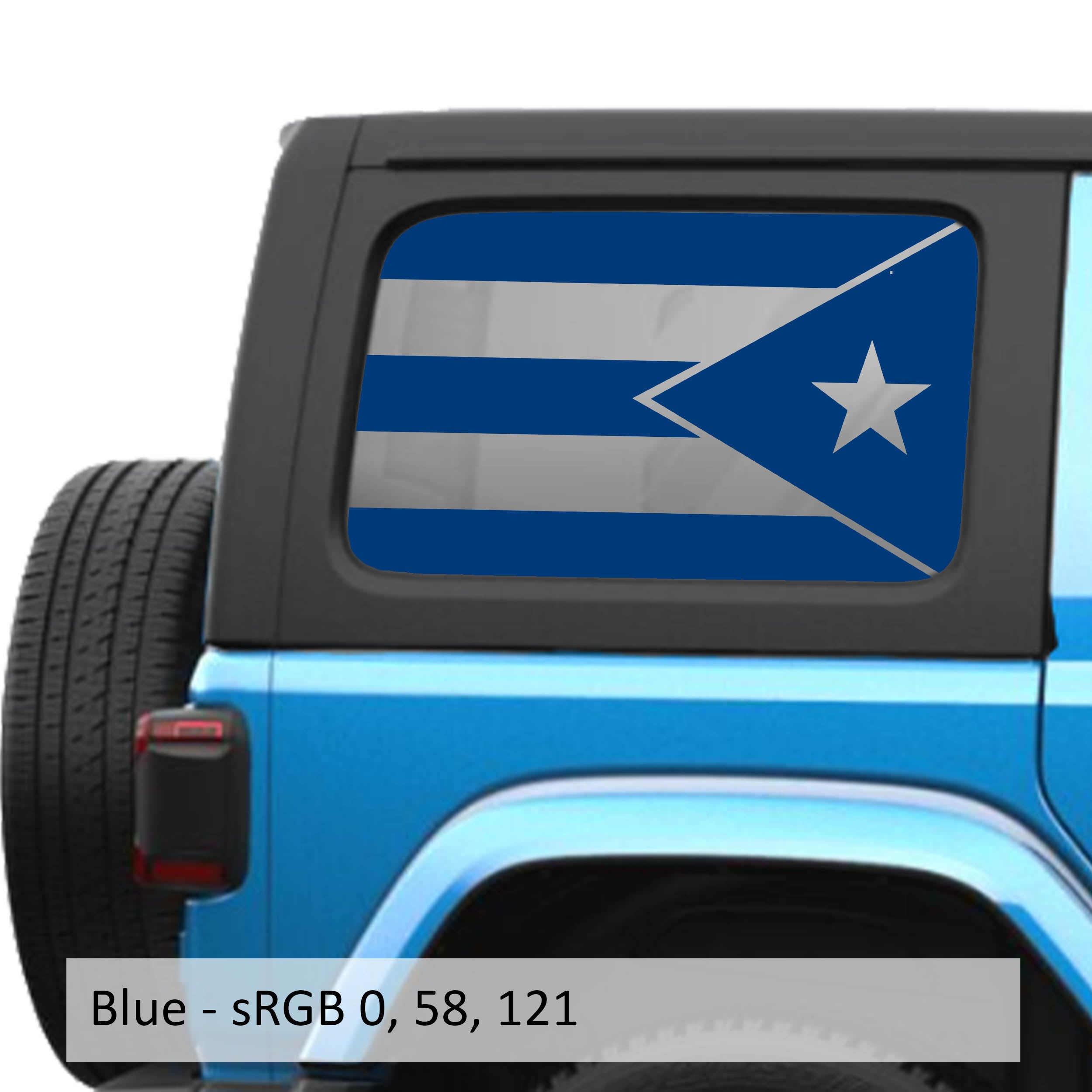 Blue Puerto Rico flag decal preview on JLU rear quarter window Jeep Wrangler 2018+