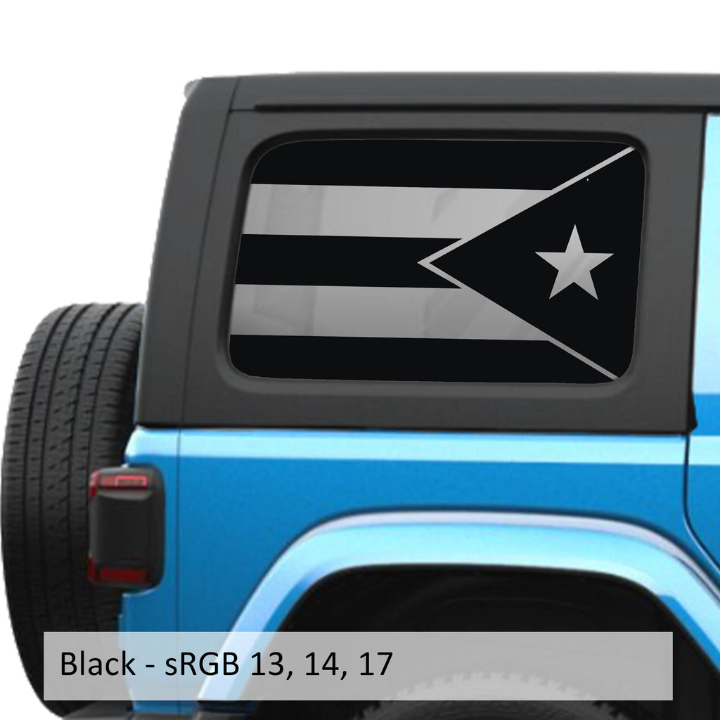 Black Puerto Rico flag decal preview on JLU rear quarter window Jeep Wrangler 2018+