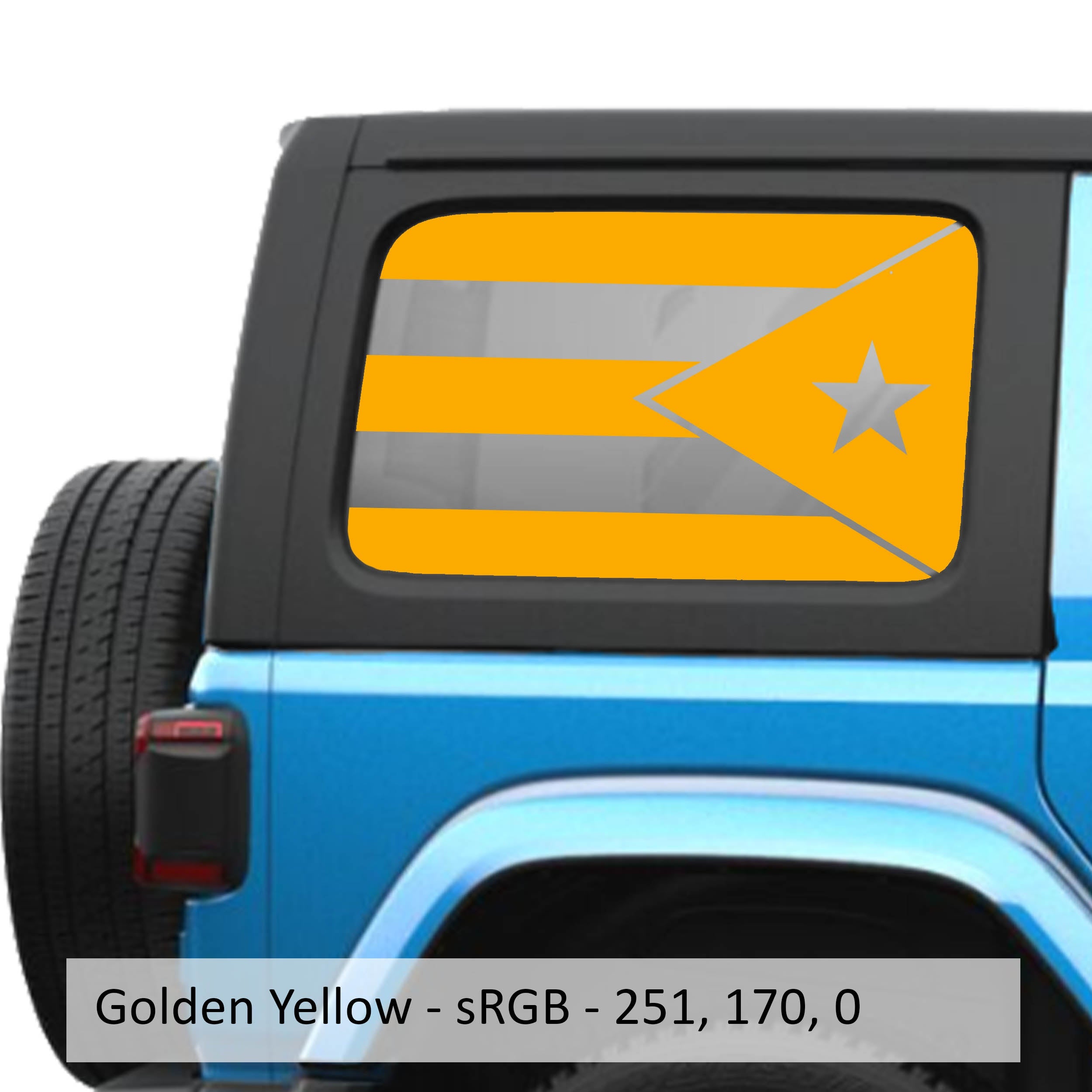 Gold Yellow Puerto Rico flag decal preview on JLU rear quarter window Jeep Wrangler 2018+