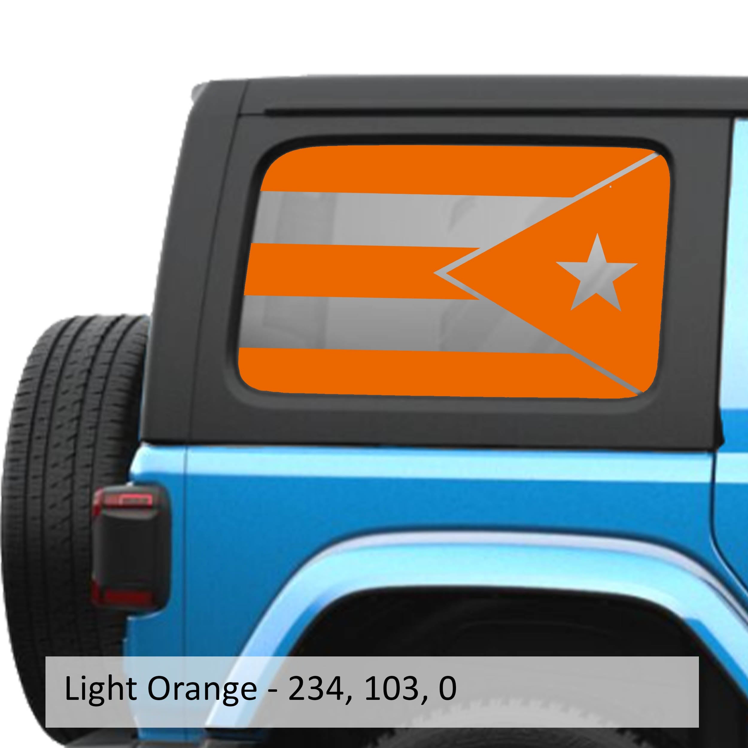 Light Orange Puerto Rico flag decal preview on JLU rear quarter window Jeep Wrangler 2018+