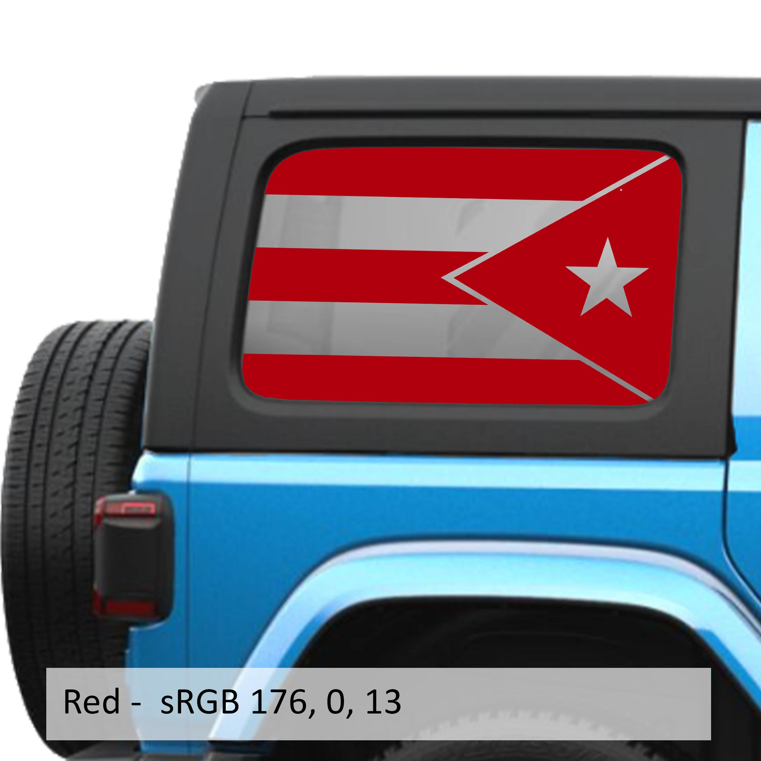 Red Puerto Rico flag decal preview on JLU rear quarter window Jeep Wrangler 2018+