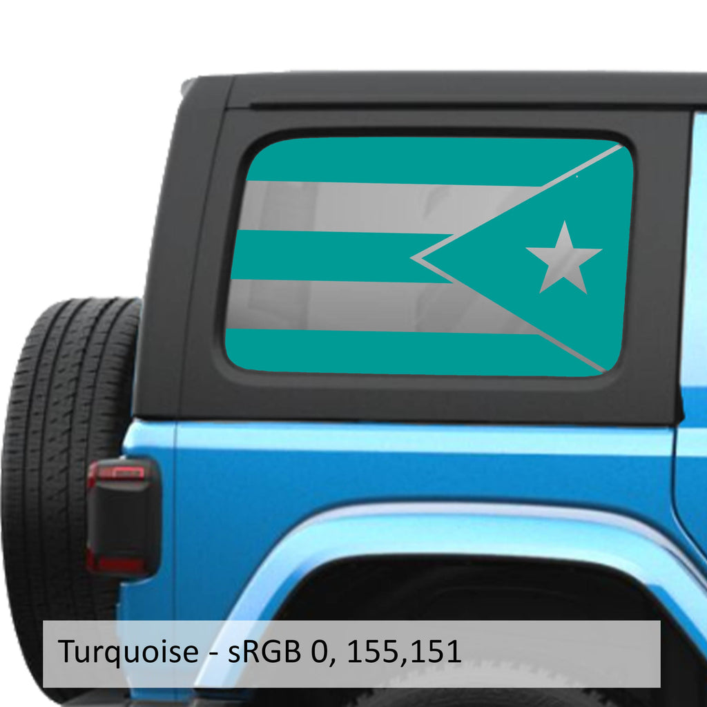 Turquoise Puerto Rico flag decal preview on JLU rear quarter window Jeep Wrangler 2018+