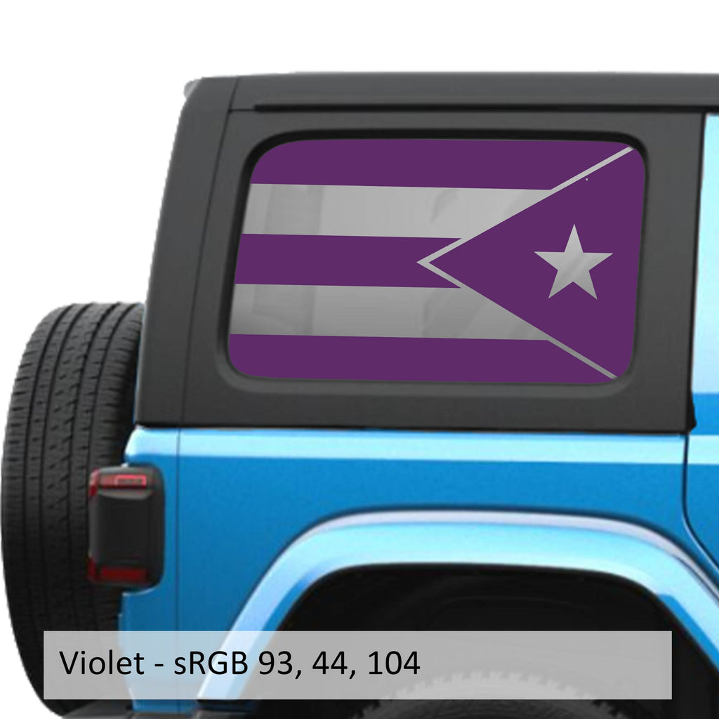 Violet Puerto Rico flag decal preview on JLU rear quarter window Jeep Wrangler 2018+
