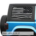 Black tattered American flag decal preview on JLU rear quarter window Jeep Wrangler 2018+