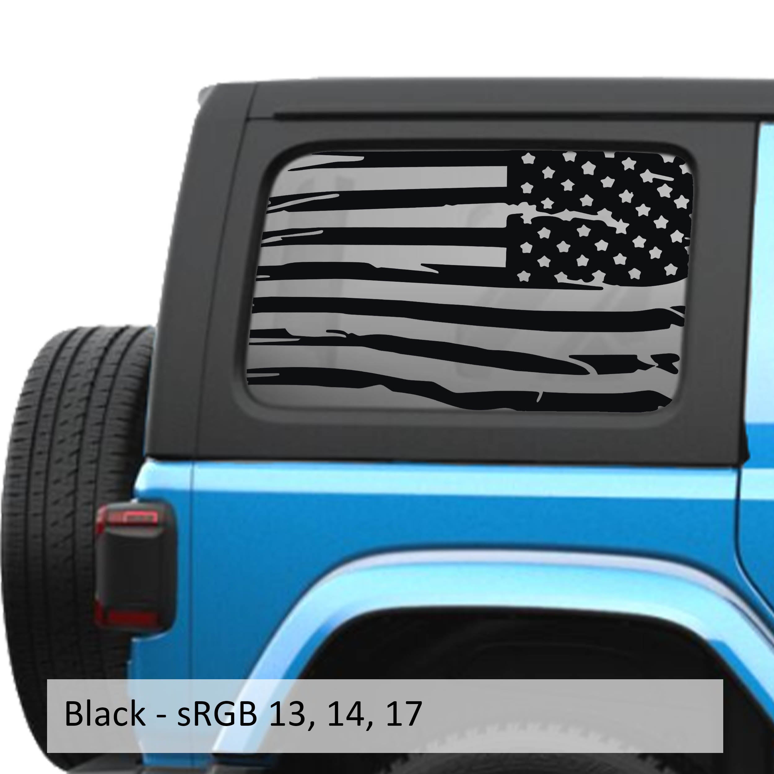 Black tattered American flag decal preview on JLU rear quarter window Jeep Wrangler 2018+