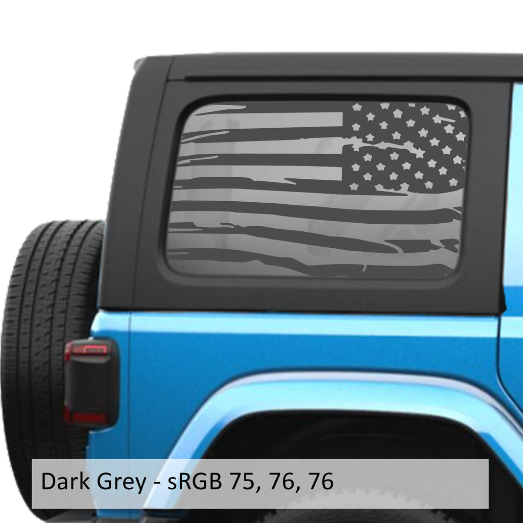 Dark Gray tattered American flag decal preview on JLU rear quarter window Jeep Wrangler 2018+