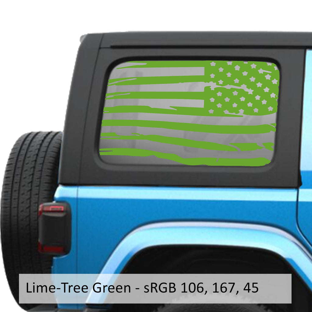 Lime Green tattered American flag decal preview on JLU rear quarter window Jeep Wrangler 2018+