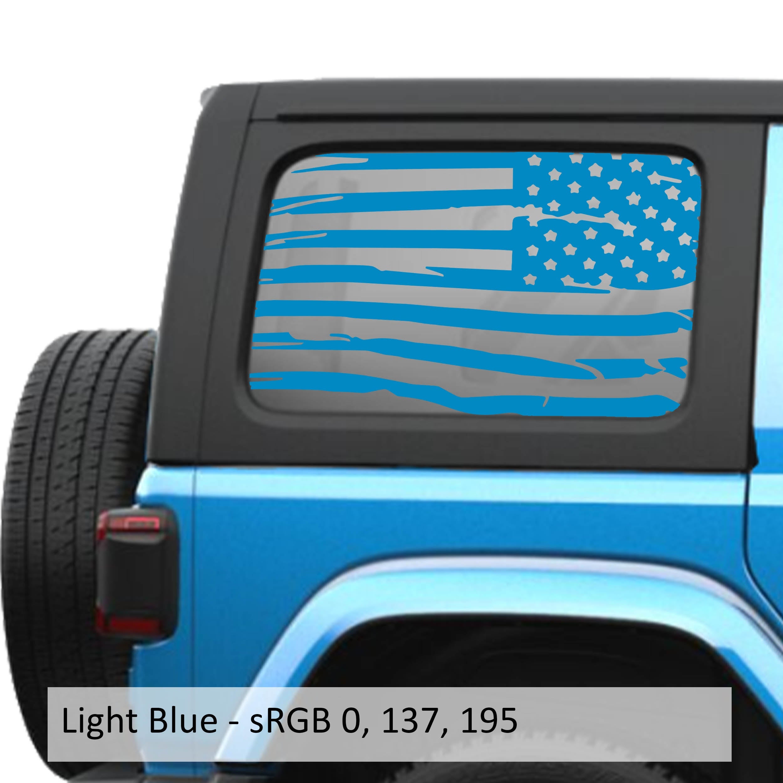 Light Blue tattered American flag decal preview on JLU rear quarter window Jeep Wrangler 2018+