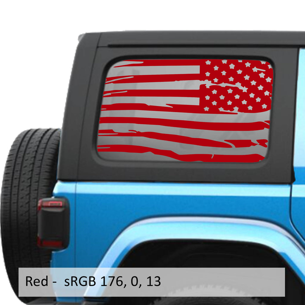 Red tattered American flag decal preview on JLU rear quarter window Jeep Wrangler 2018+
