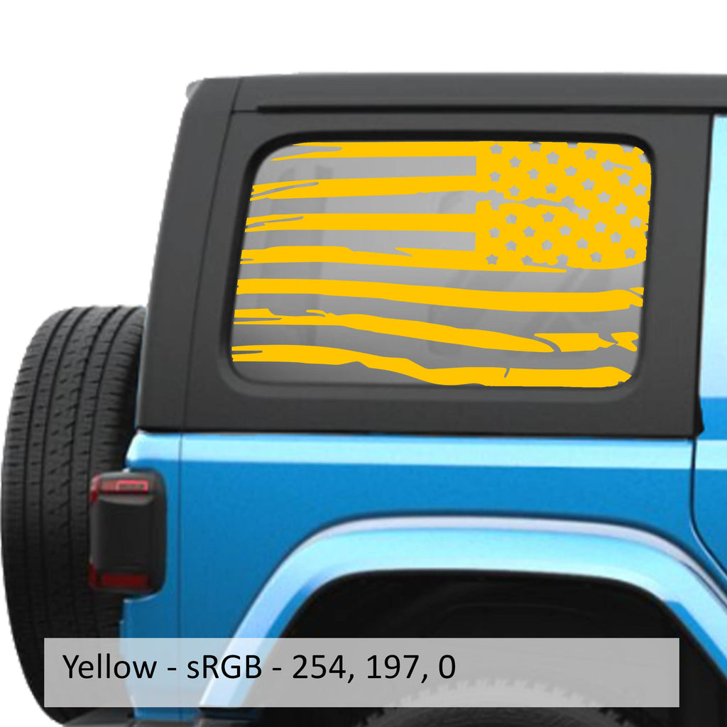 Yellow tattered American flag decal preview on JLU rear quarter window Jeep Wrangler 2018+