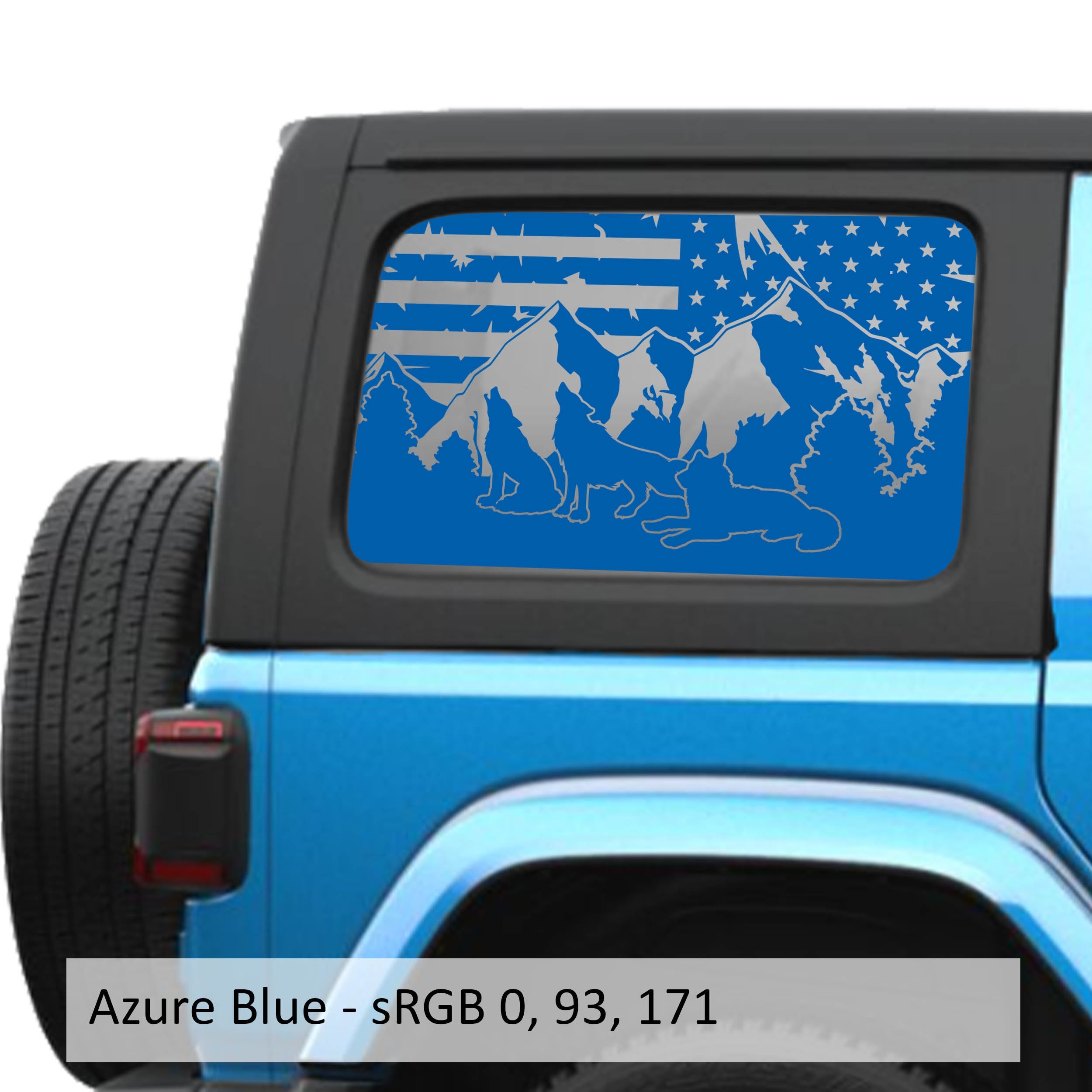 Azure Blue Wolf Mountain American flag decal preview on JLU window Jeep Wrangler 2018+