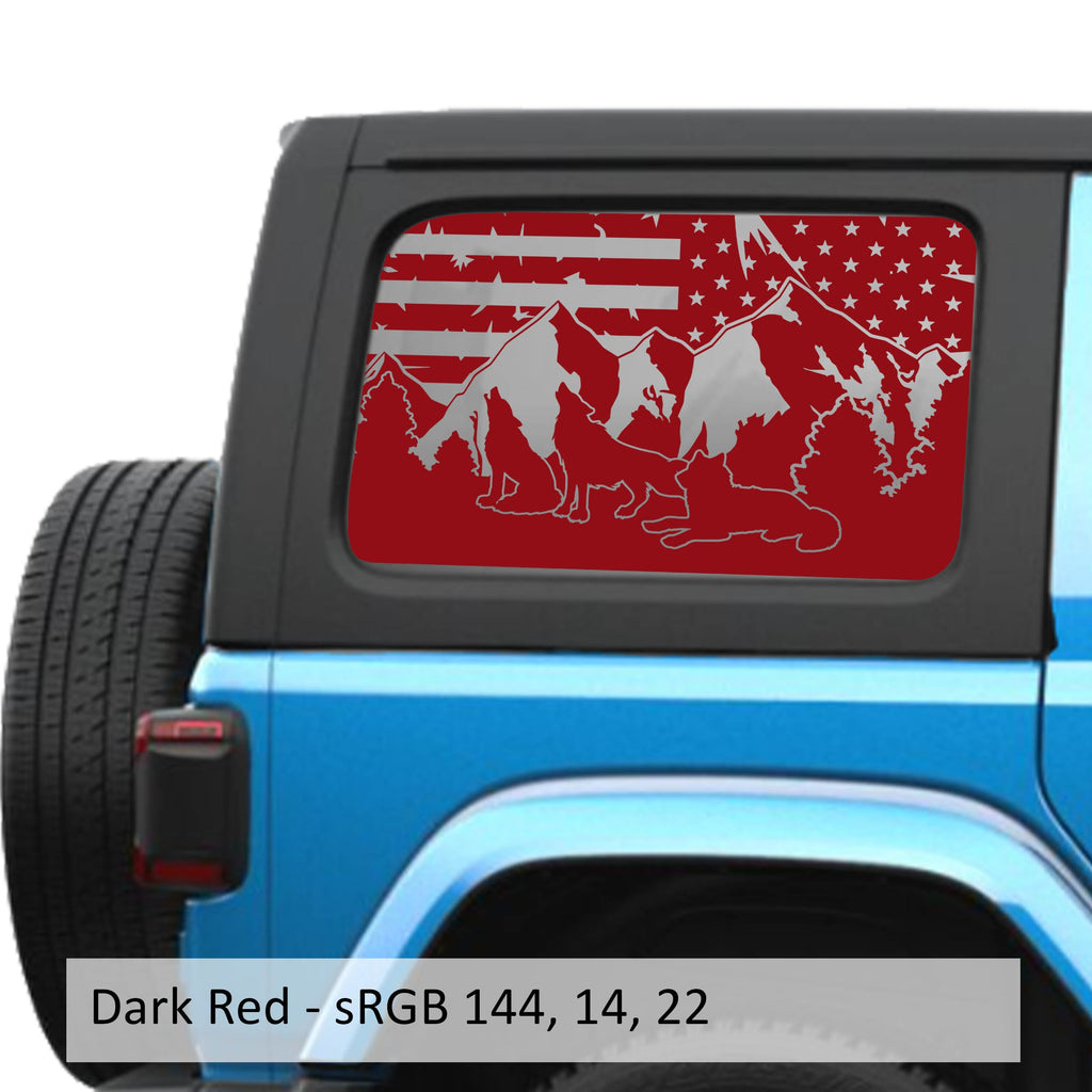 Dark Red Wolf Mountain American flag decal preview on JLU window Jeep Wrangler 2018+