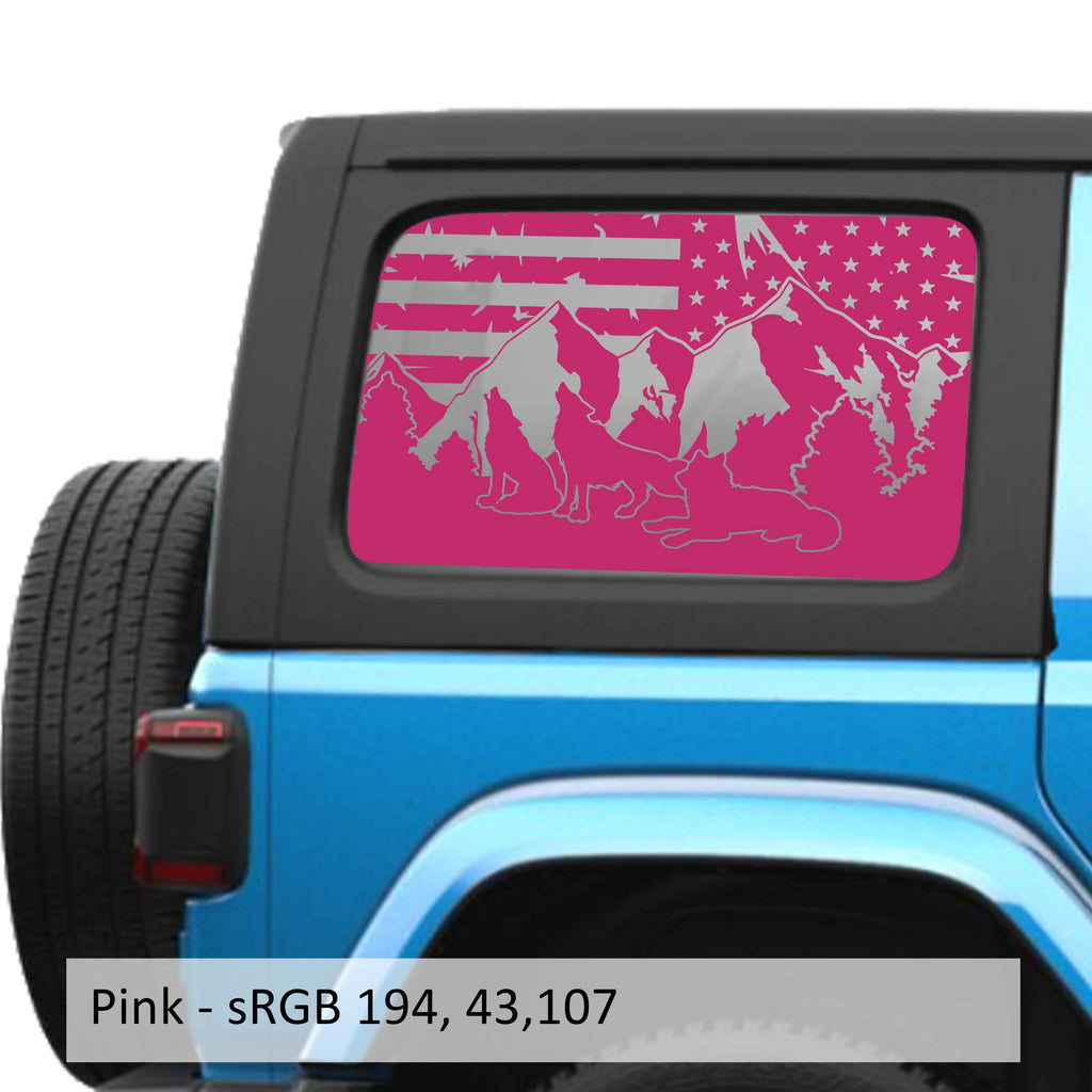 Pink Wolf Mountain American flag decal preview on JLU window Jeep Wrangler 2018+
