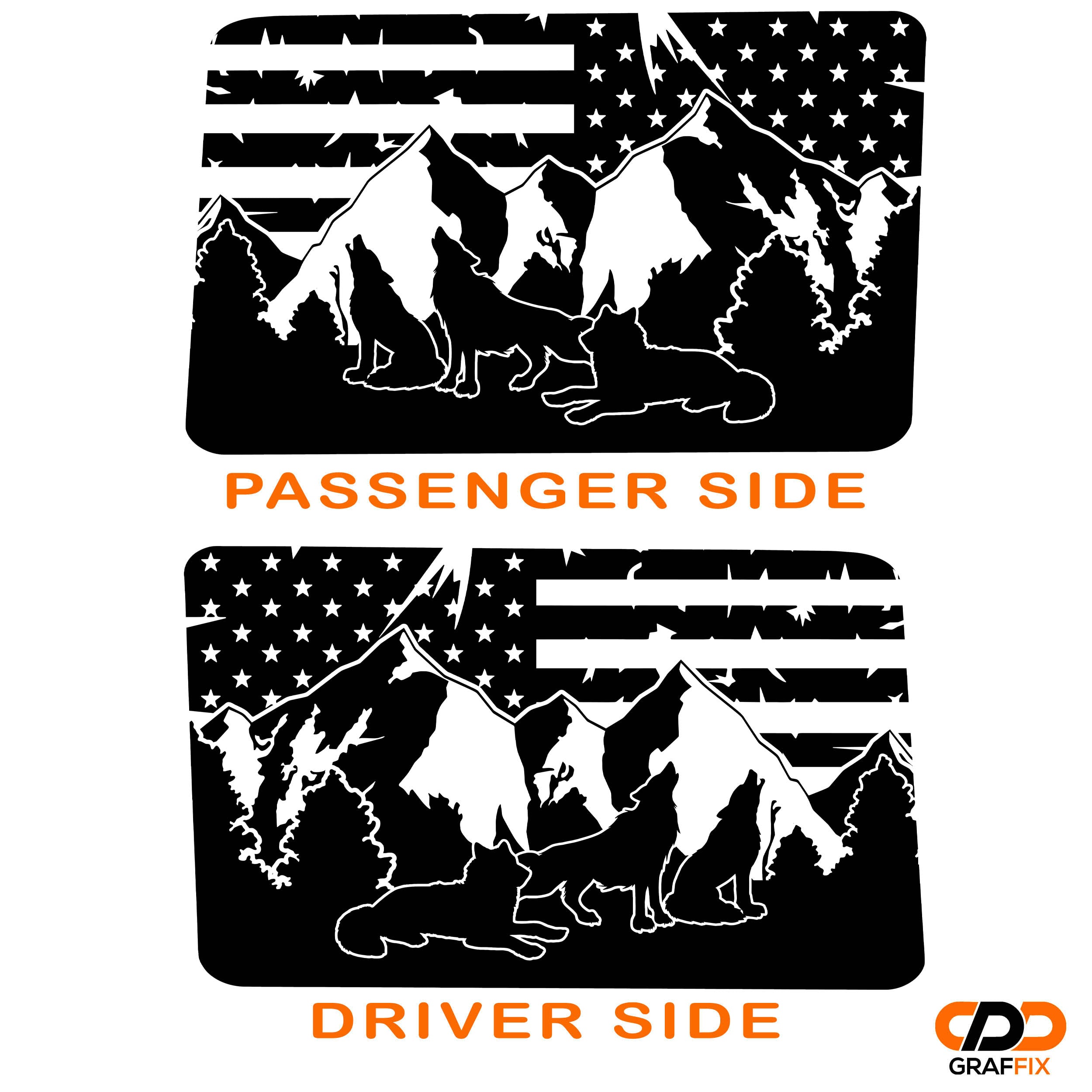Wolf Mountain American flag JLU hardtop window decal on blue Jeep Wrangler 2018+