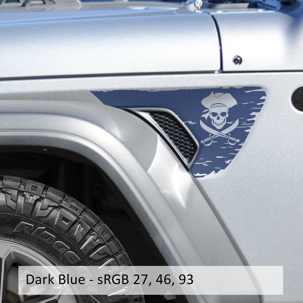 Dark blue Jolly Roger pirate flag fender vent vinyl decal on Jeep Wrangler billet vent