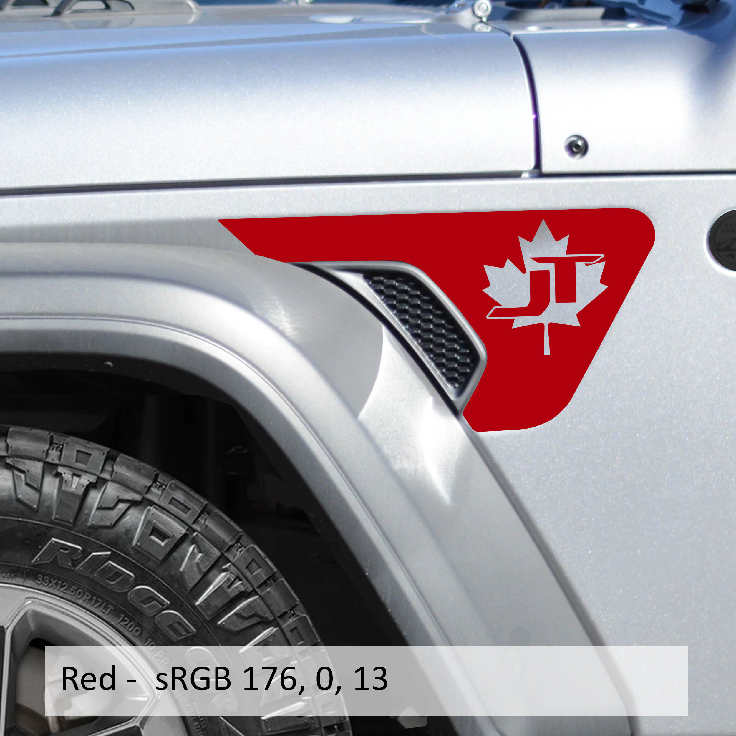 Red JT Canadian Maple Leaf Jeep fender vent transfer decal applied to billet vent insert close-up view